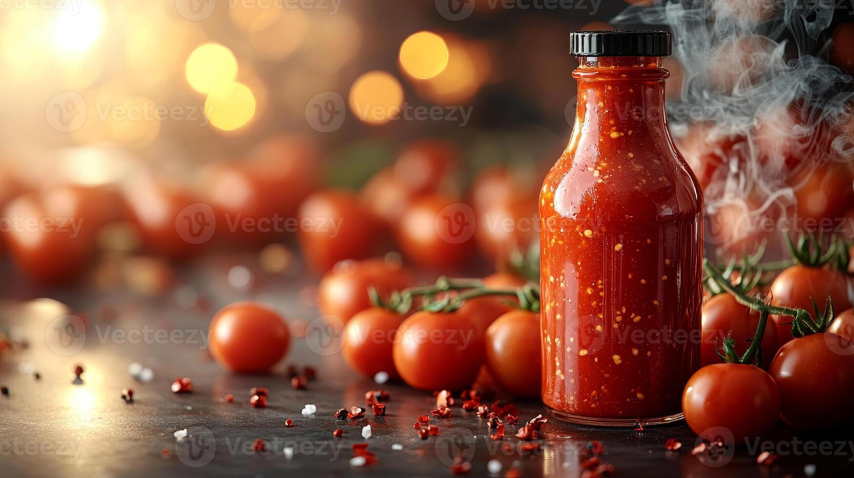 A bottle of vibrant tomato sauce rests on a table, surrounded by fresh tomatoes and spices photo
