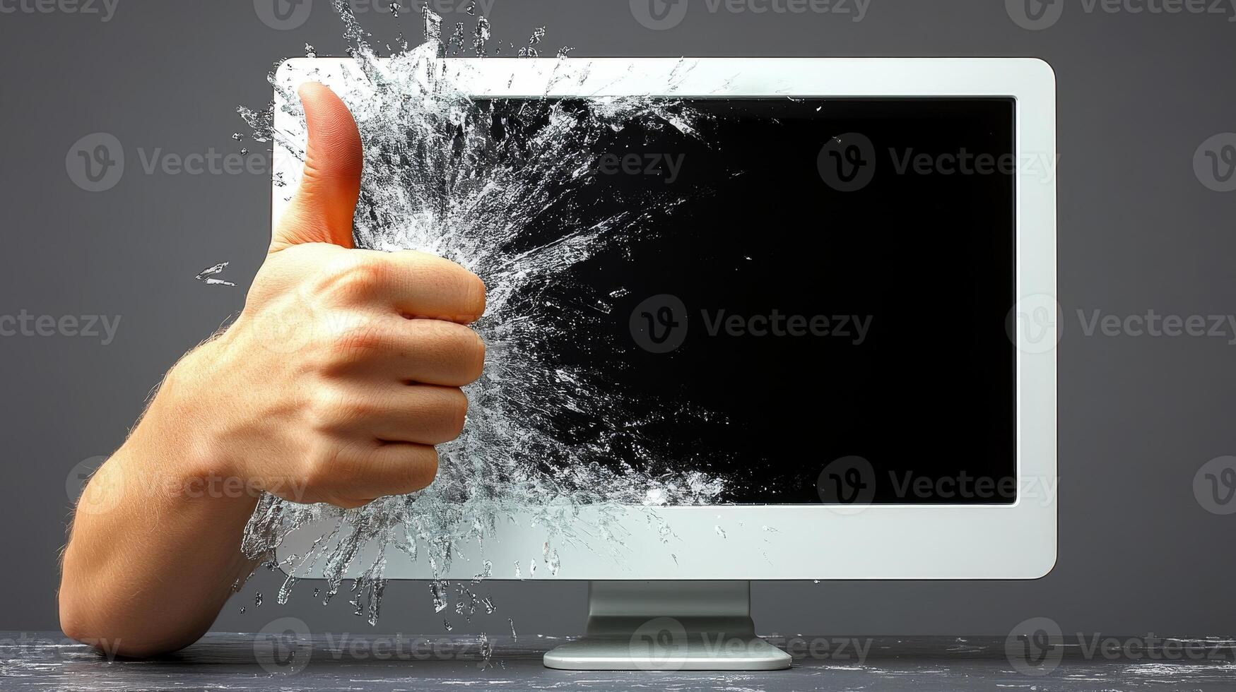 A hand breaks through a computer screen, signaling approval and enthusiasm in a bold display photo