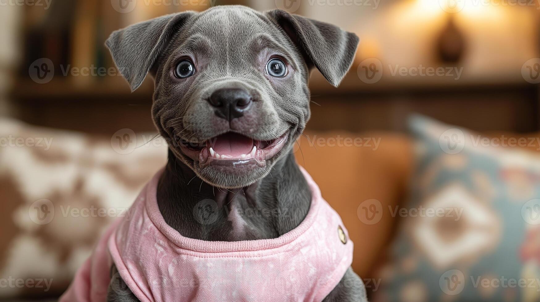 A cheerful puppy in a soft pink sweater smiles brightly, radiating happiness at home photo