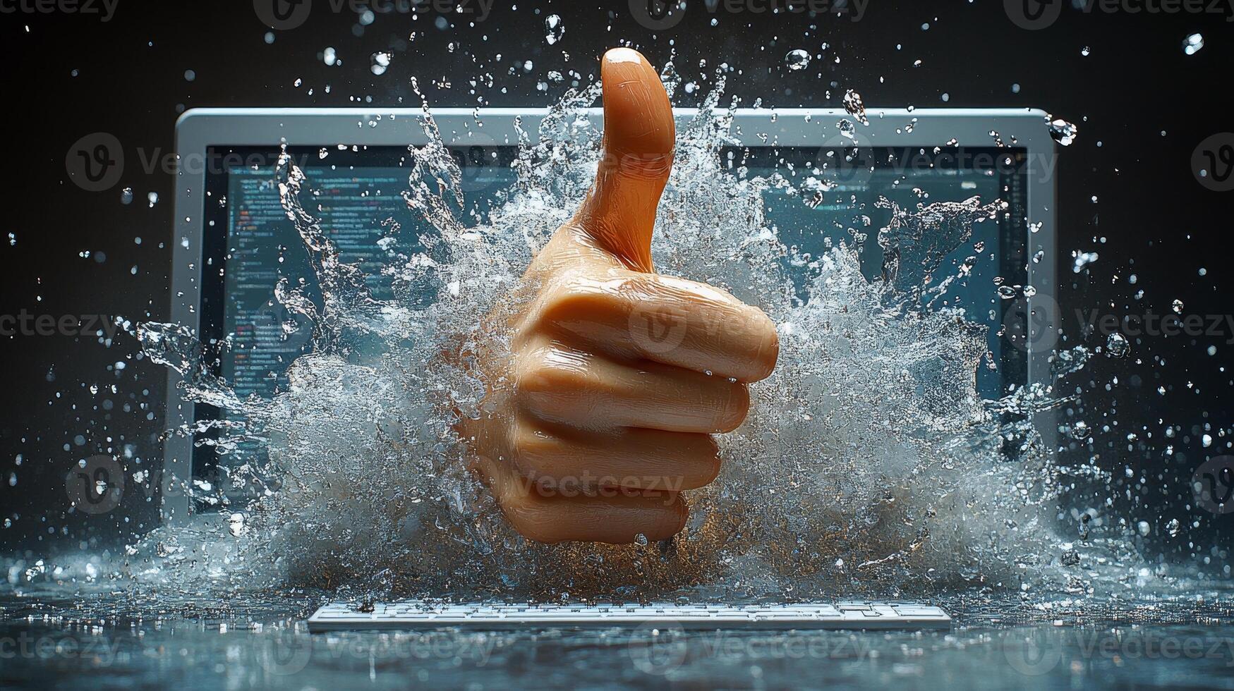 A hand appears from a splash of water, signaling approval in a dynamic work environment photo
