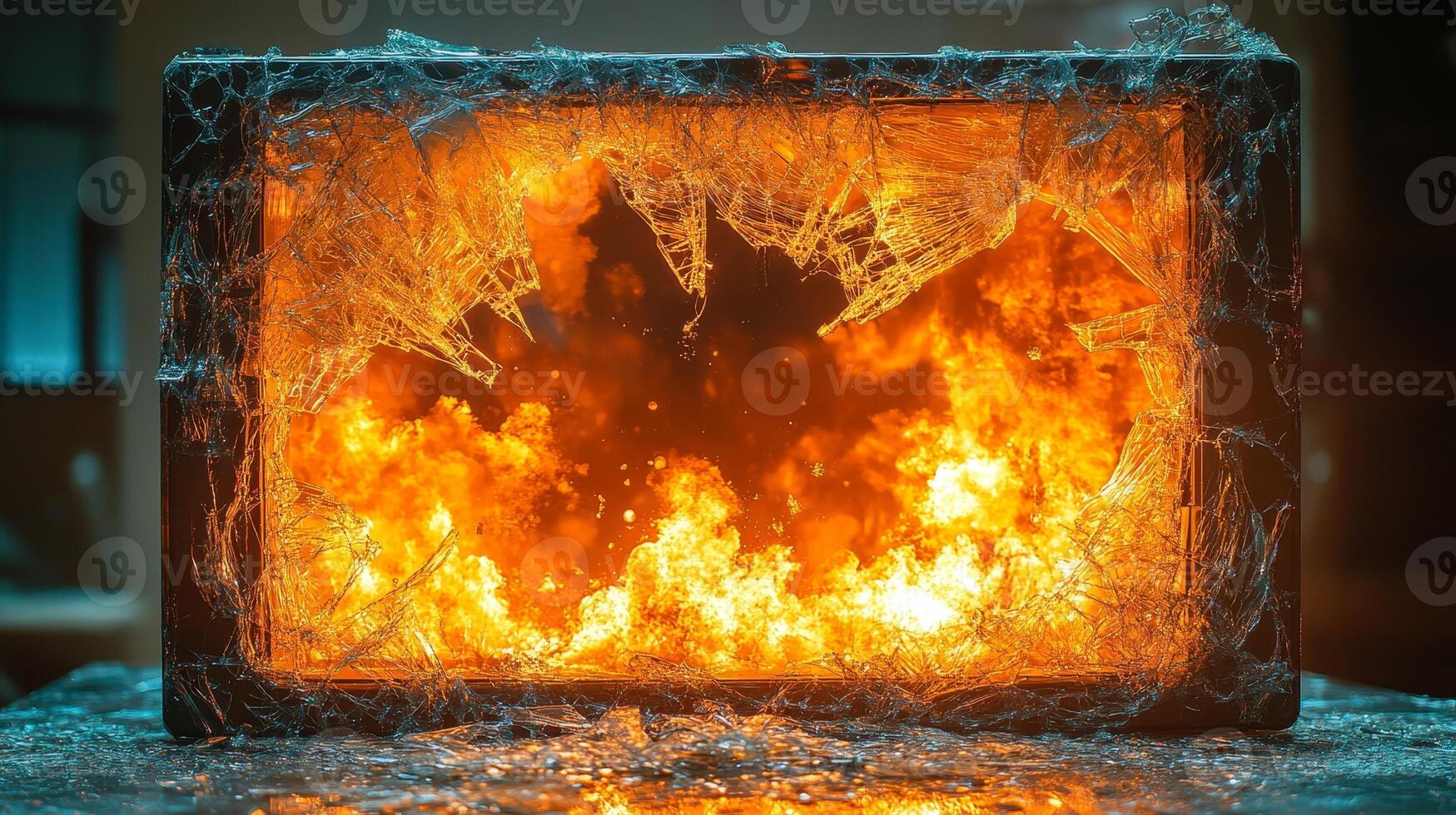 Fiery explosion radiates vivid colors while chaos reigns in the shattered surroundings photo