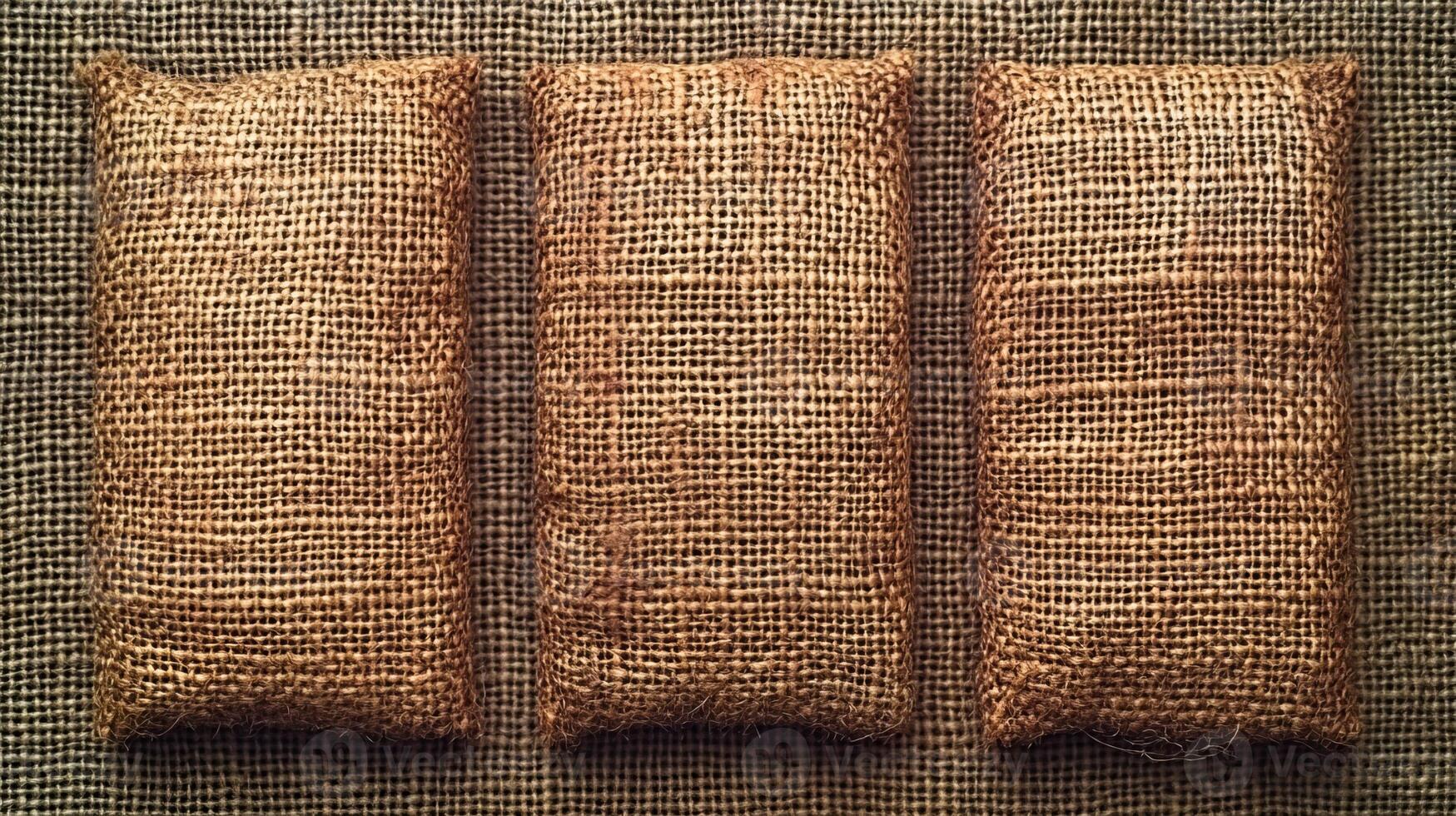 Three burlap bags rest on a rustic surface, showcasing their woven texture and natural hue photo