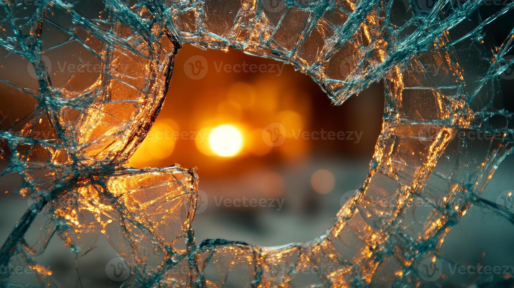 A circle of broken glass reflects a warm, flickering light in the backdrop, creating contrast photo