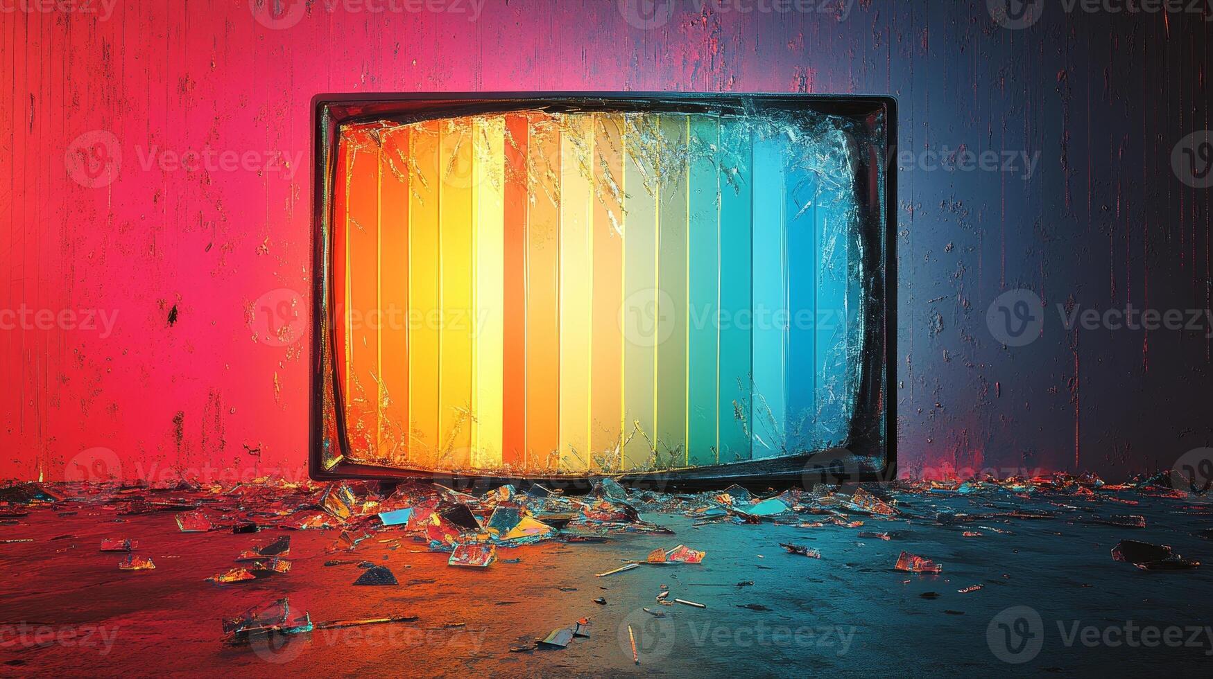 The retro television radiates warm colors, creating a surreal atmosphere in a dimly lit space photo