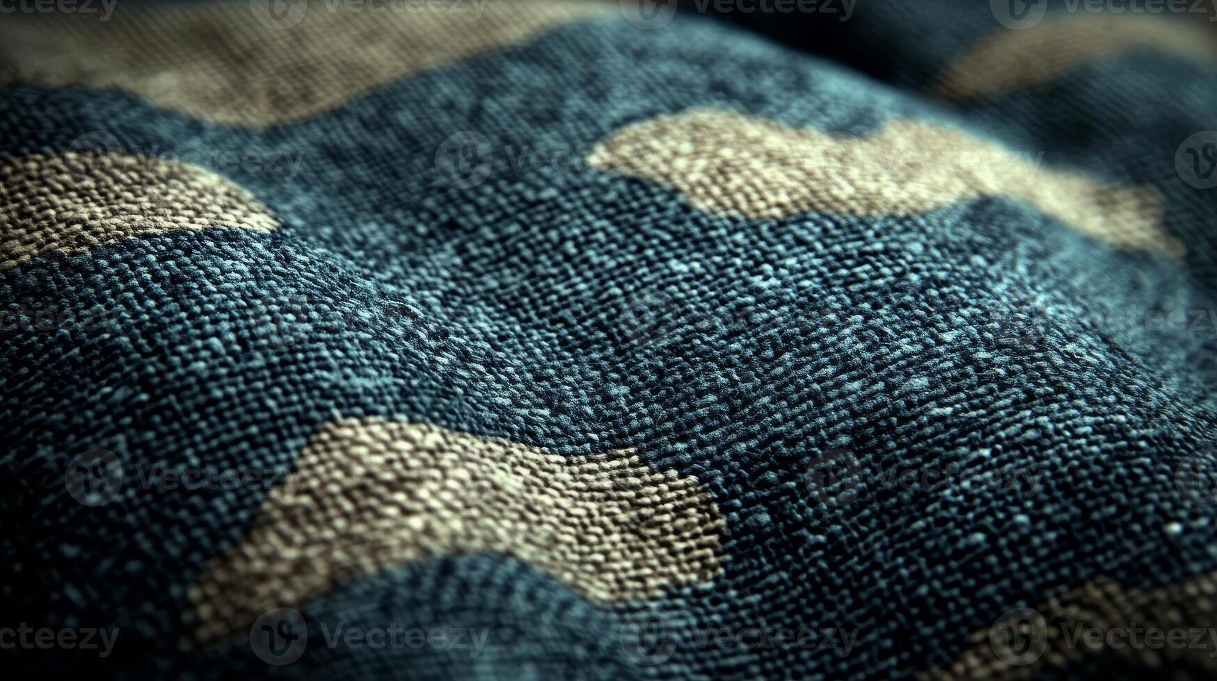 The textured fabric displays a captivating camouflage pattern merging blue and beige hues photo