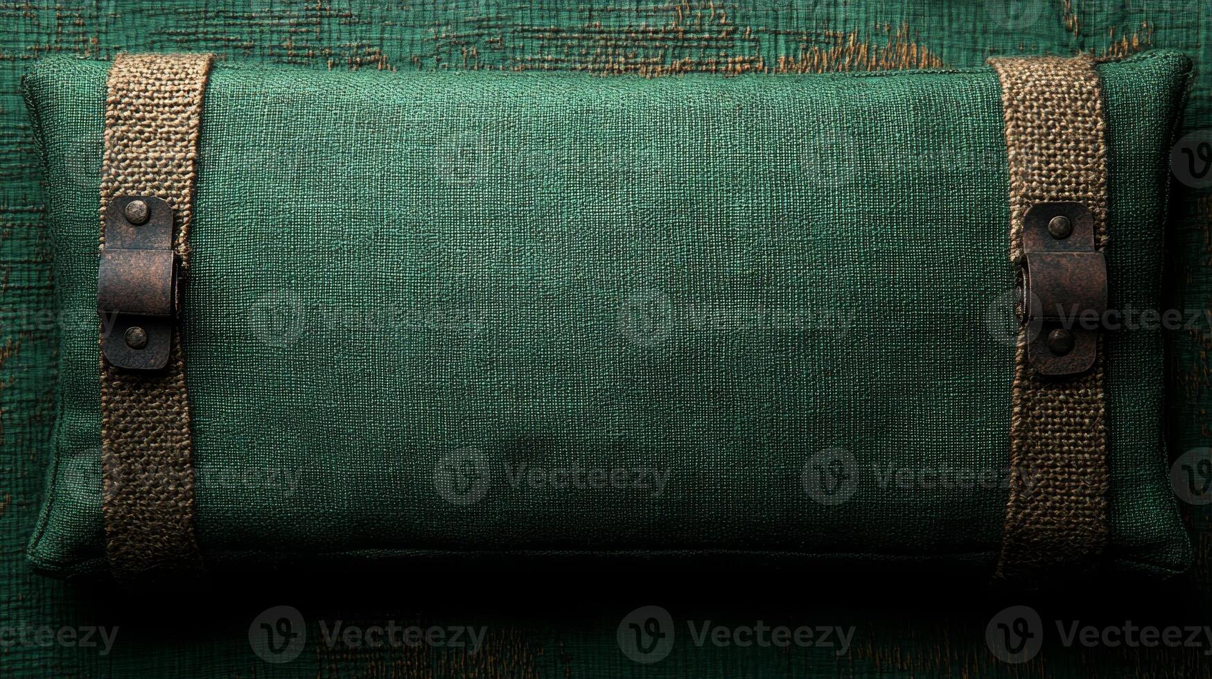 A green pouch with straps rests on worn wood, inviting curiosity and exploration photo