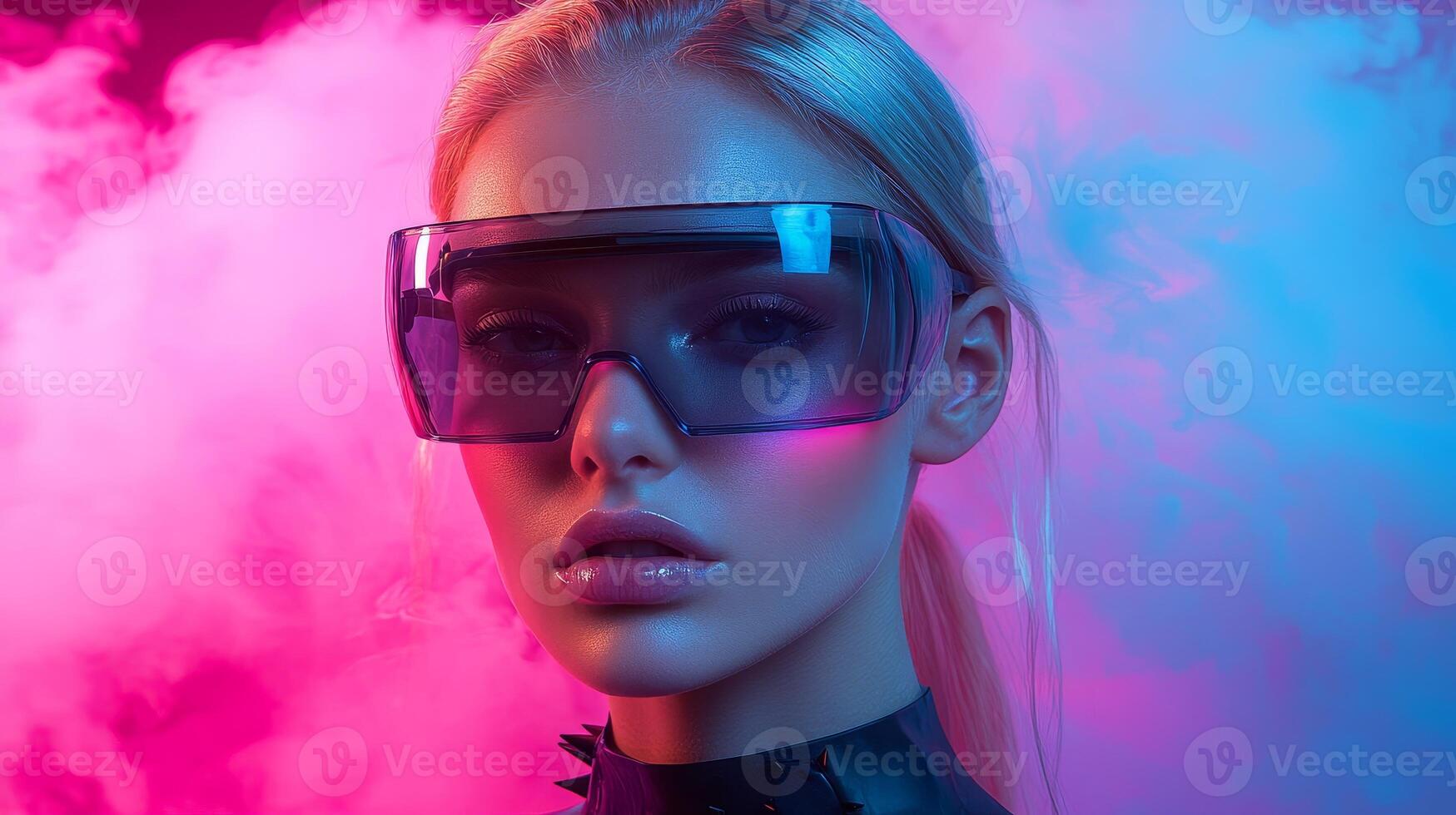 The model sports bold sunglasses and a fierce look in colorful fog, radiating modernity photo