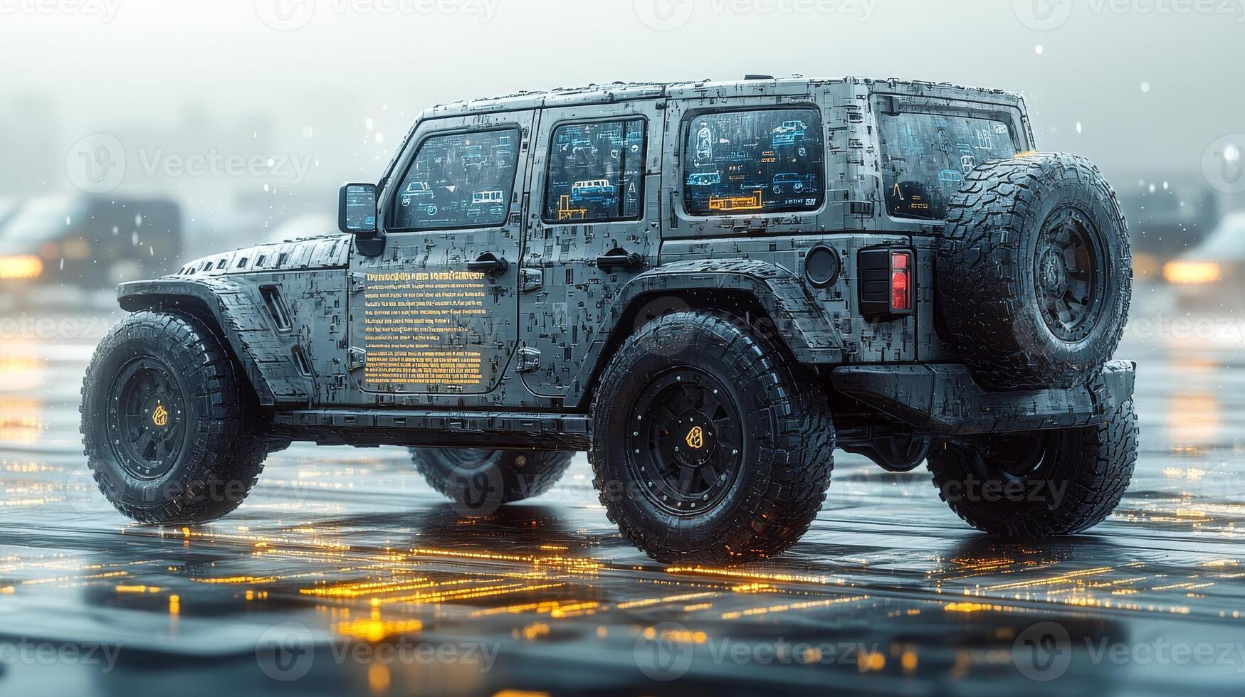 A rugged armored vehicle is alone on a glowing surface with flickering city lights behind it photo