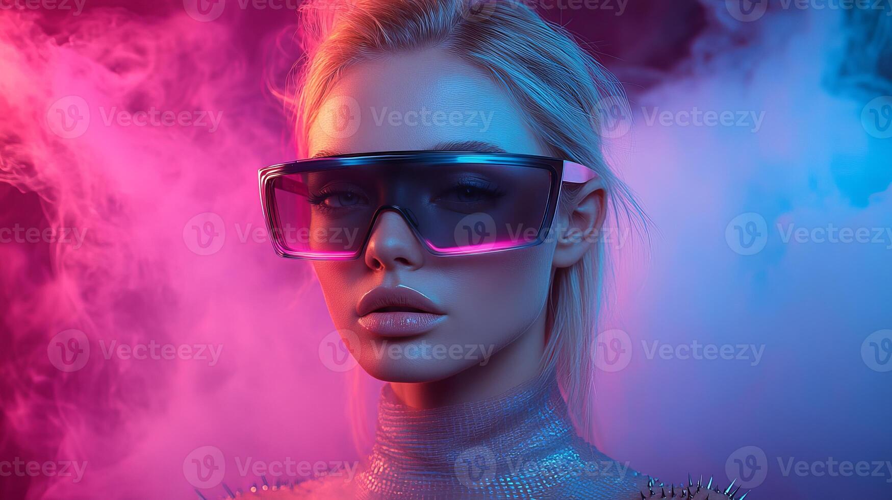 A striking figure in colorful smoke sports bold eyewear and a stylish, edgy outfit photo