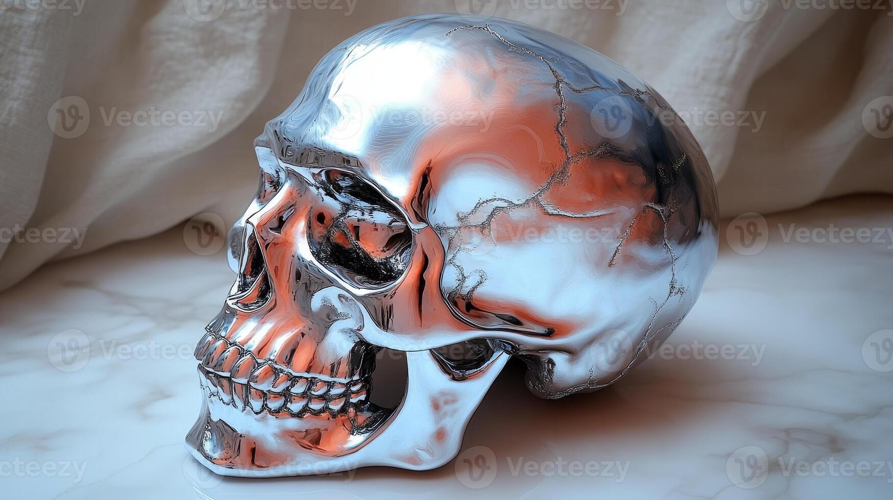 A shiny silver skull sits elegantly, reflecting its surroundings with intricate details and allure photo