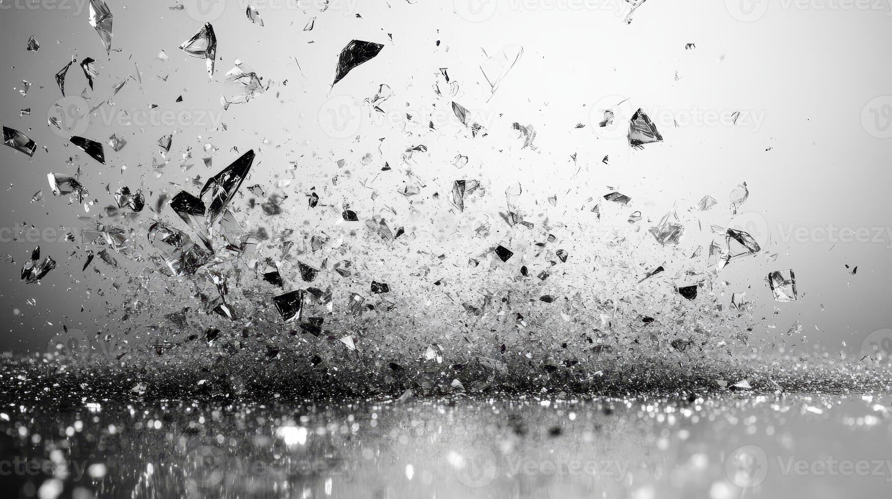 Shattered shards sparkle amidst a swirling dance of light and textures in black and white photo