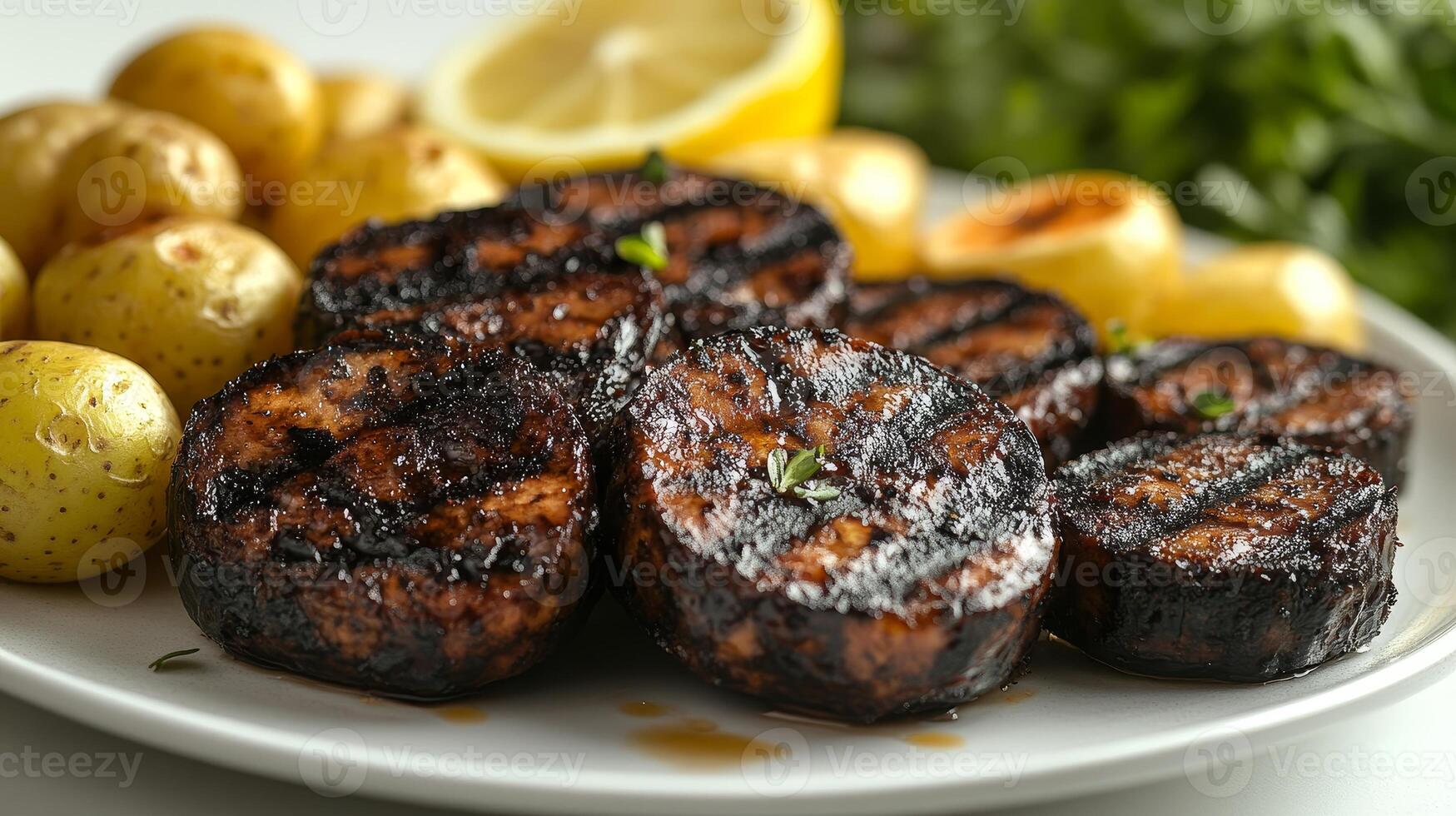 Deliciously grilled fish steaks accompanied by golden roasted potatoes and zesty lemon slices photo