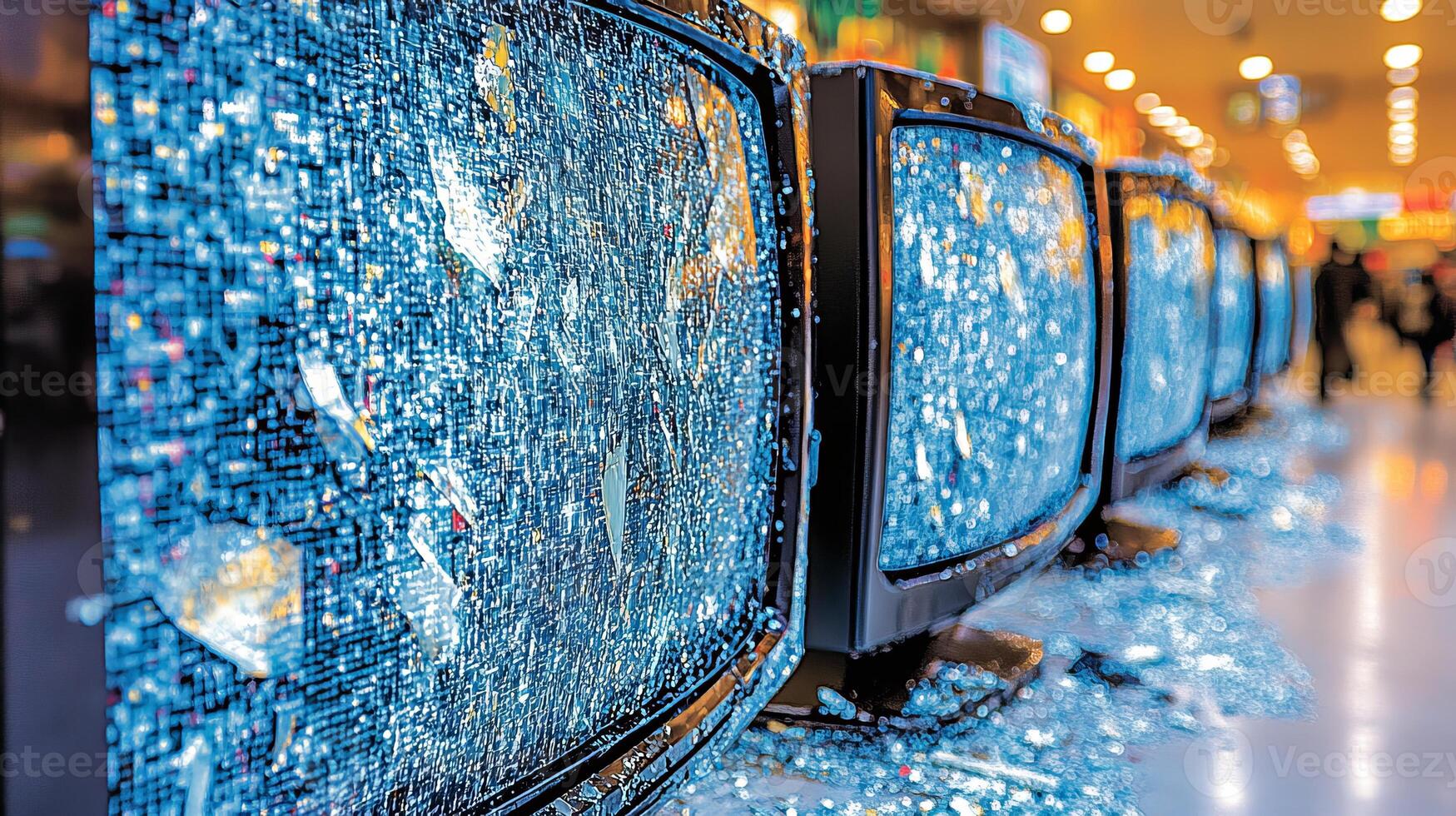 Broken screens create a disorienting view amidst the lively atmosphere of shoppers photo