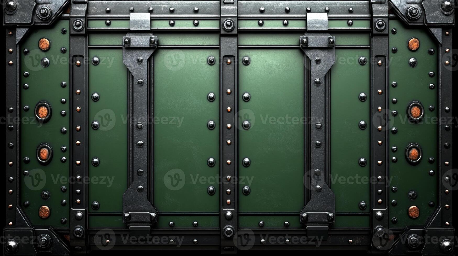A solid green metal door with decorative rivets showcases industrial elegance and rugged design photo