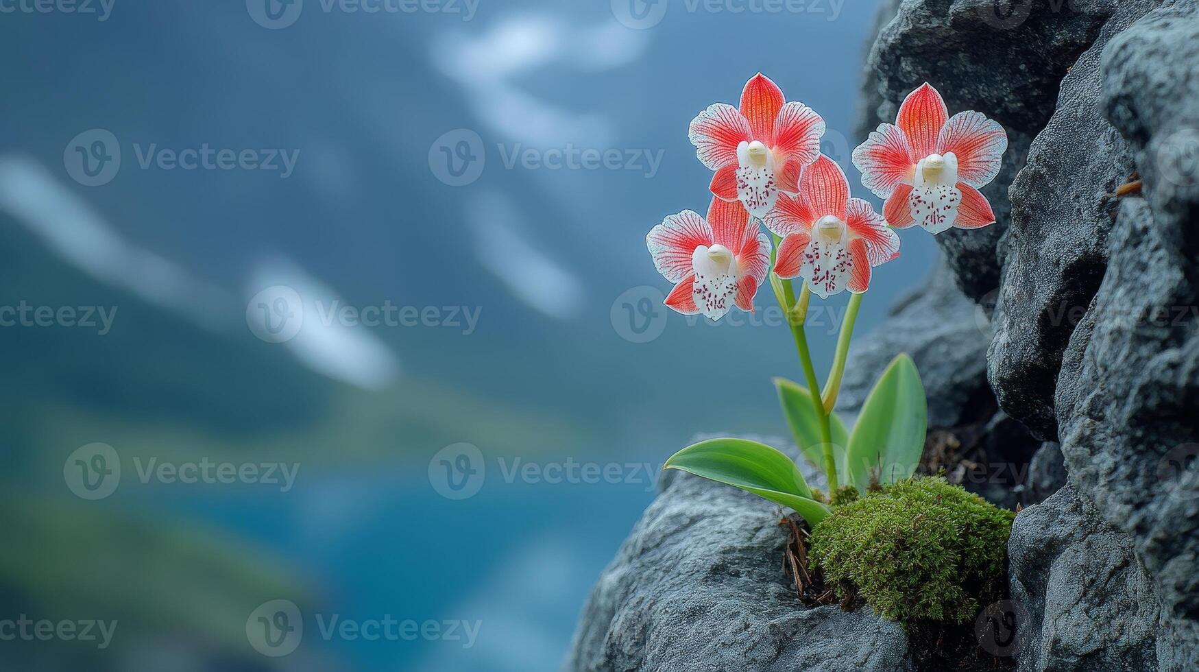 Vibrant orchids emerge from rugged stones overlooking a breathtaking mountain lake photo