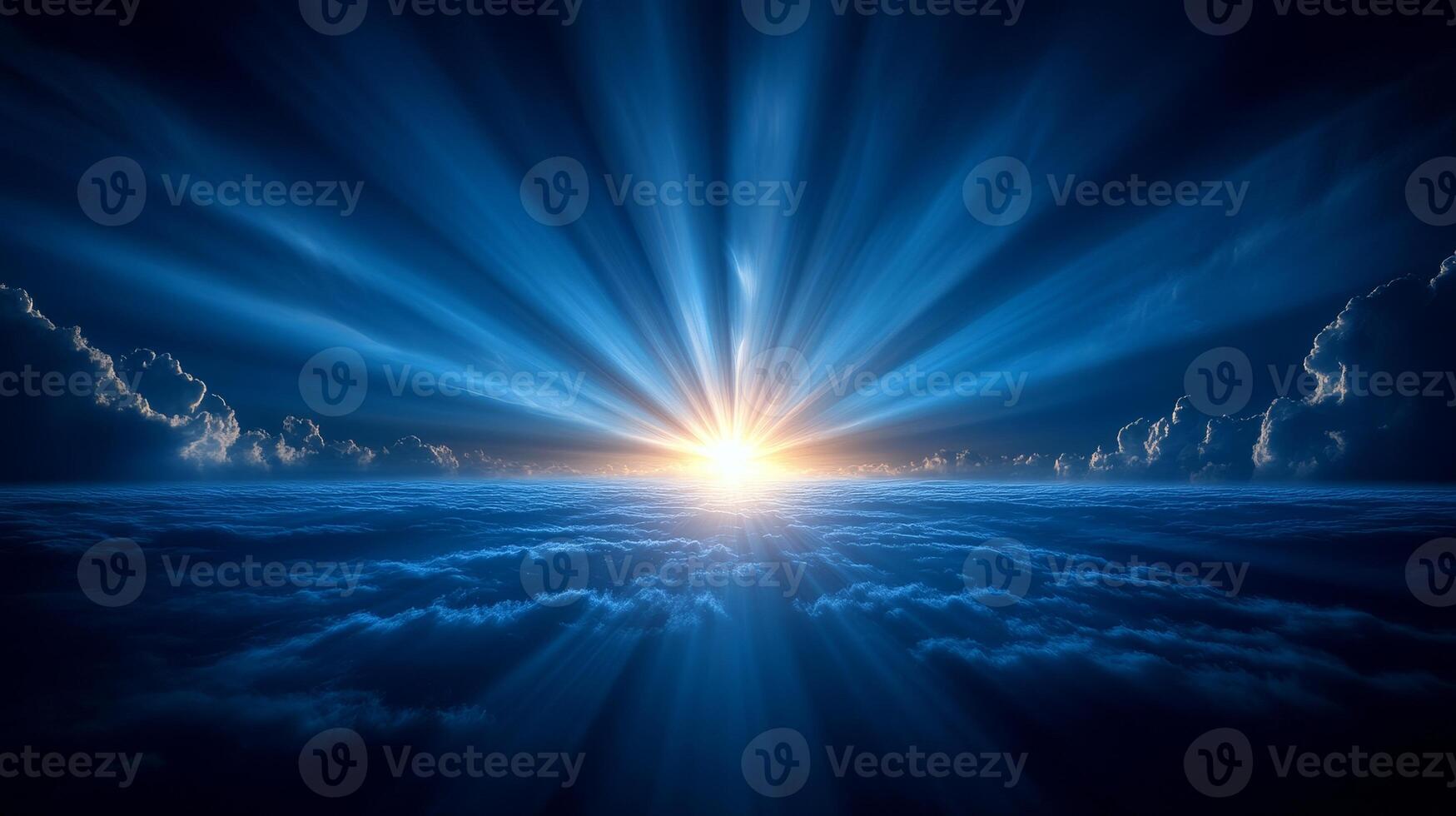 A breathtaking view of sunrise over calm waters, with radiant beams breaking through fluffy clouds photo