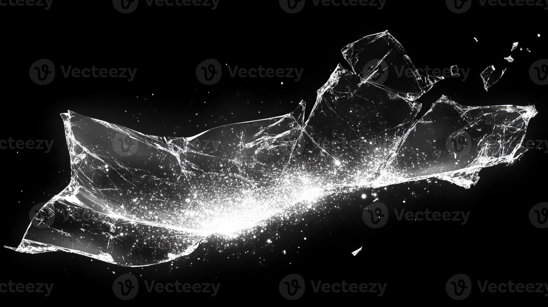 Shards of glass sparkle and scatter, creating a mesmerizing pattern of light in the darkness photo