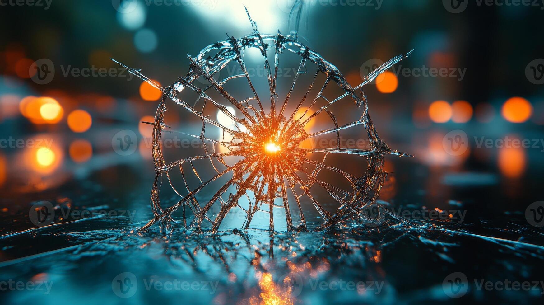 A delicate sphere rests on a wet surface, reflecting ambient city lights in a moody setting photo