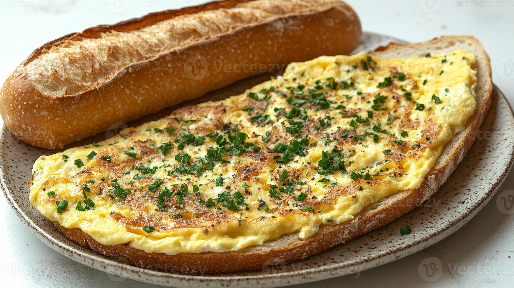 Enjoy a fluffy omelette garnished with fresh herbs next to a warm, crusty baguette photo