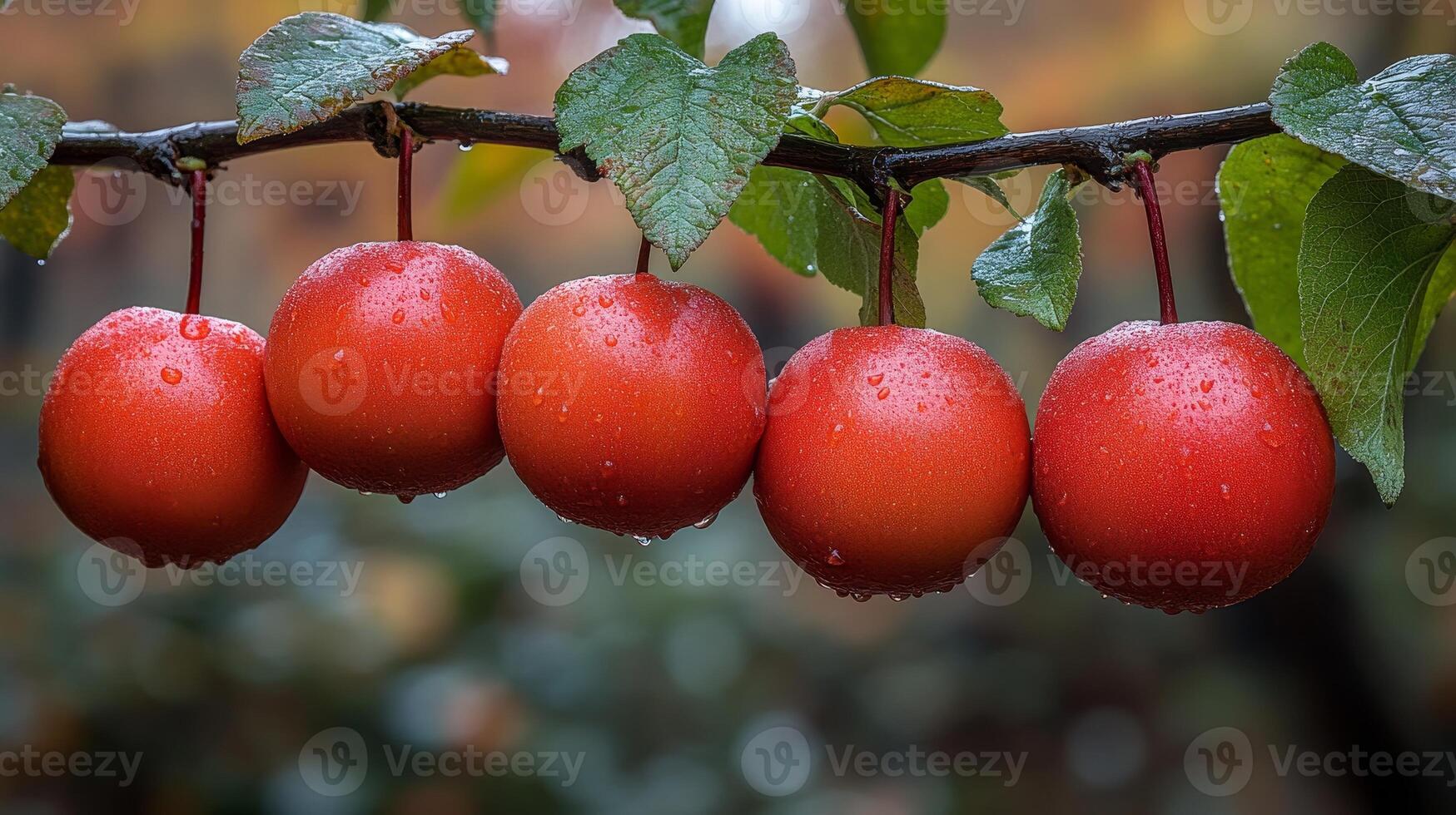 Dewy red apples dangle from a branch in an orchard, showcasing autumn's beauty and bounty photo