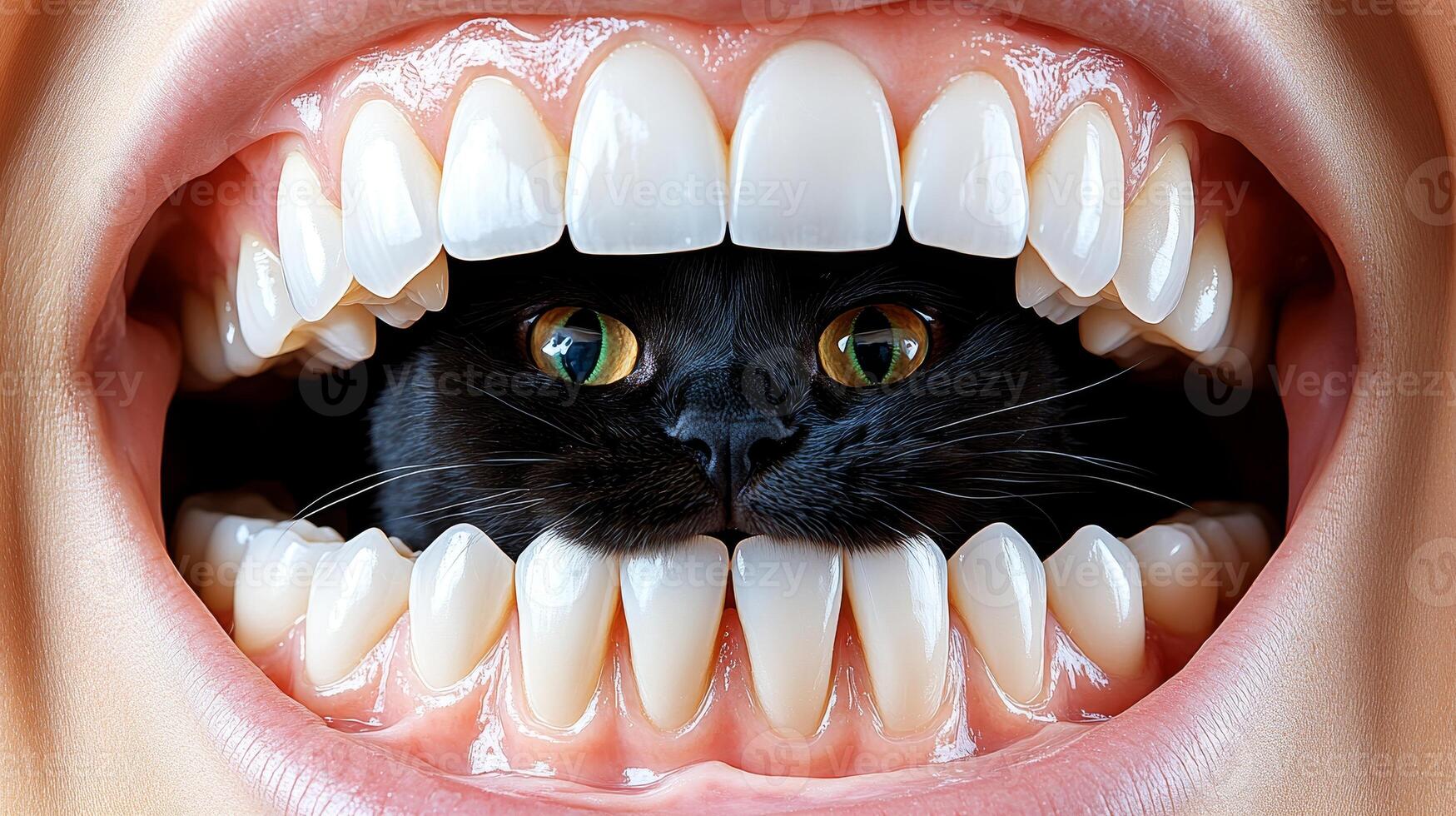 A curious black cat peeks through large human teeth, creating a whimsical and humorous encounter photo