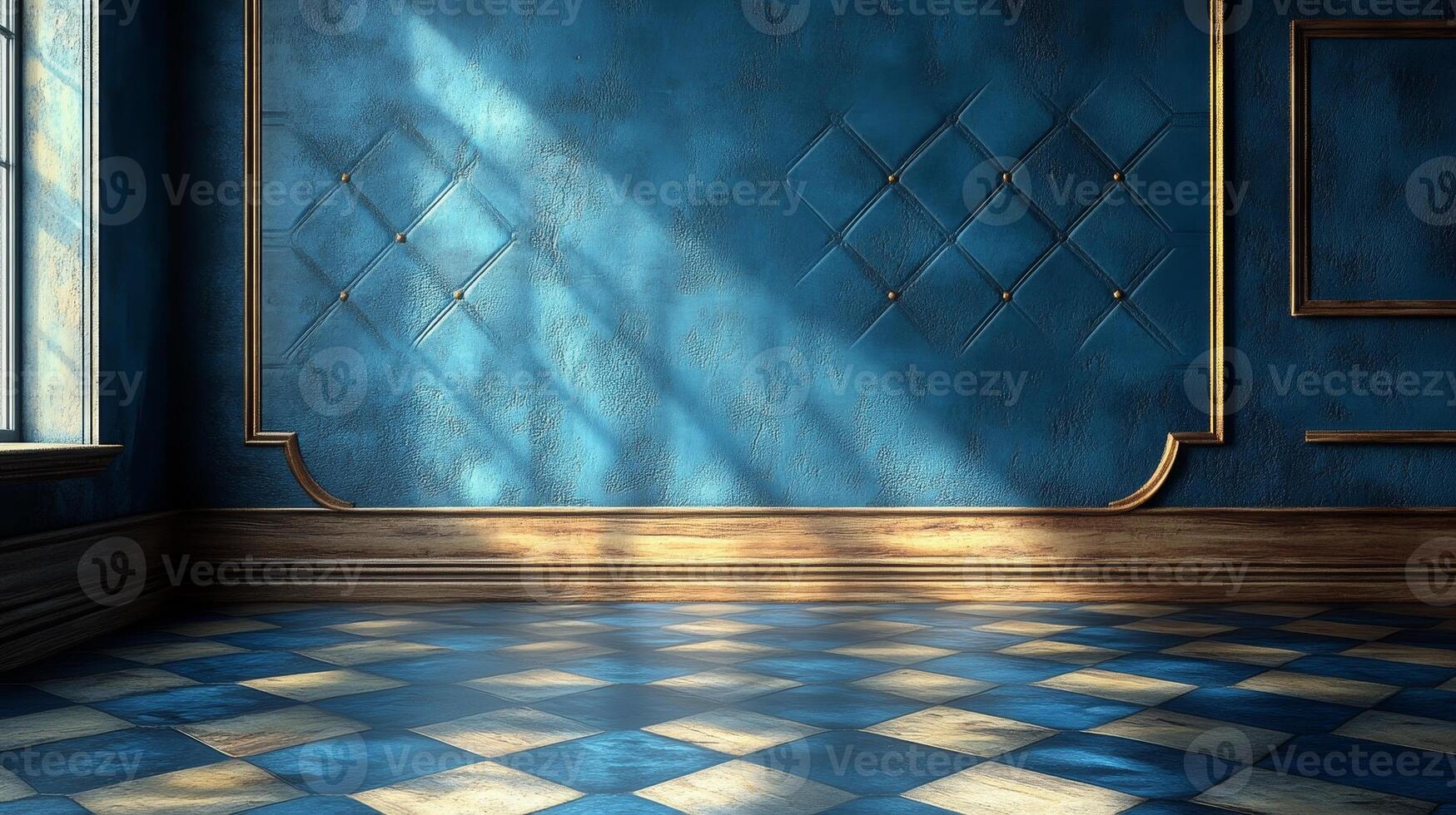 Soft light filters through a window, illuminating the blue walls and creating a tranquil atmosphere photo