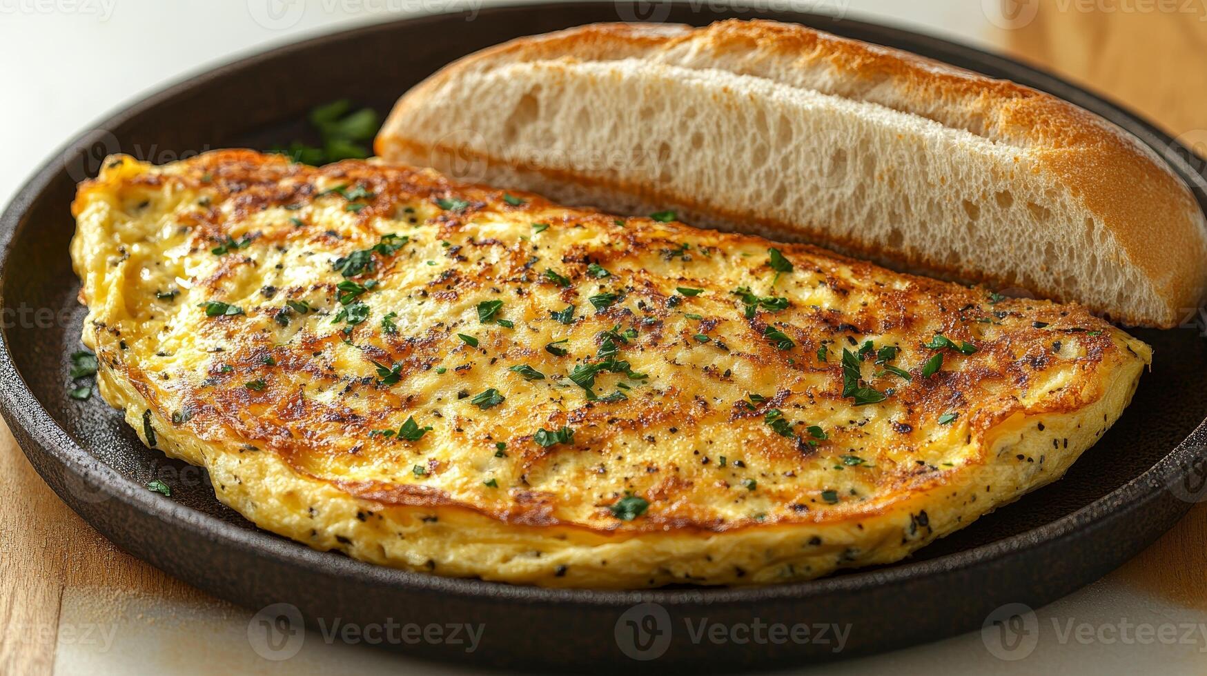 Savory omelet garnished with herbs accompanied by a slice of crusty bread for breakfast delight photo