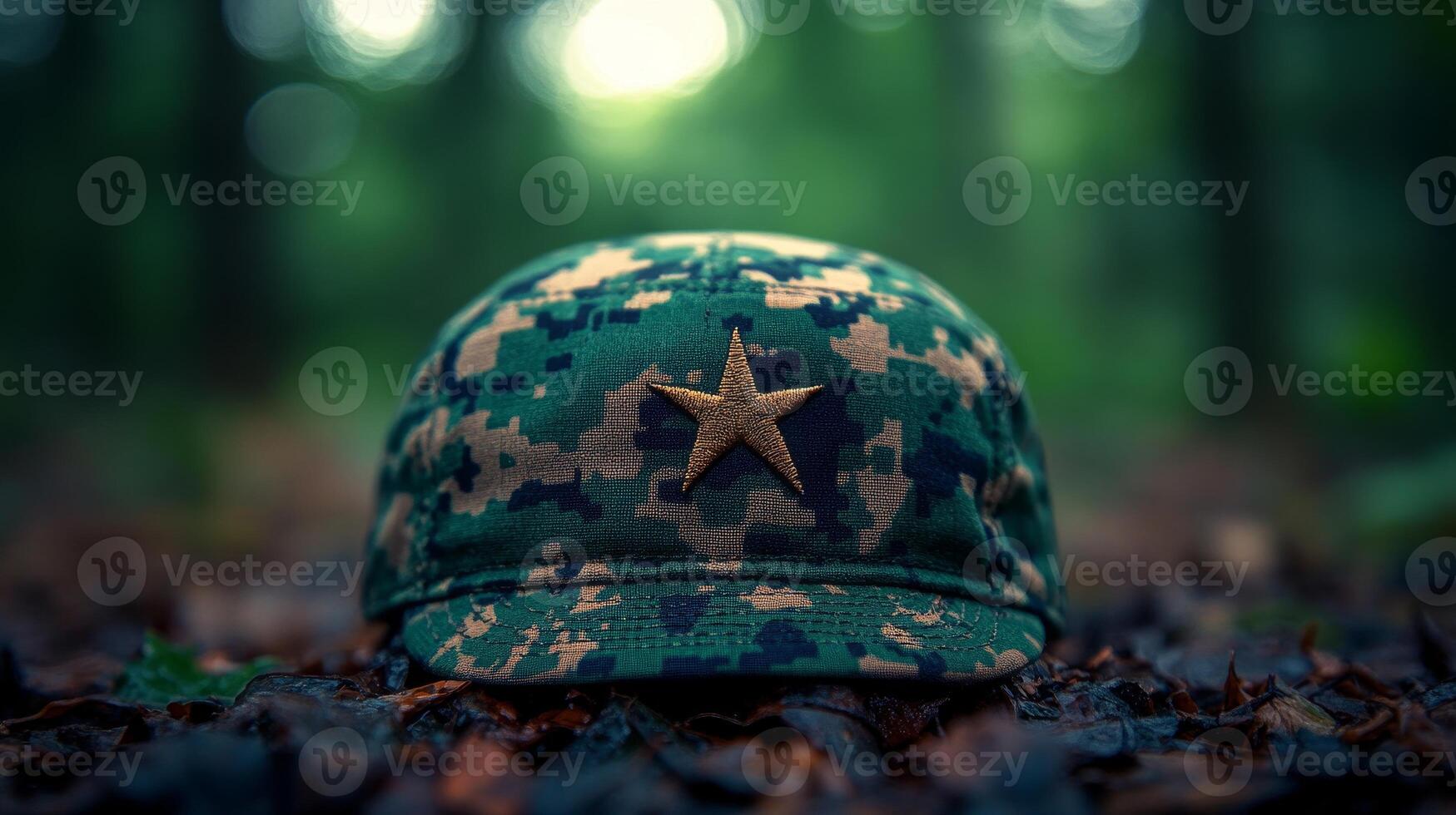 An army cap rests on the forest floor, partly covered by leaves and warmed by sunlight photo