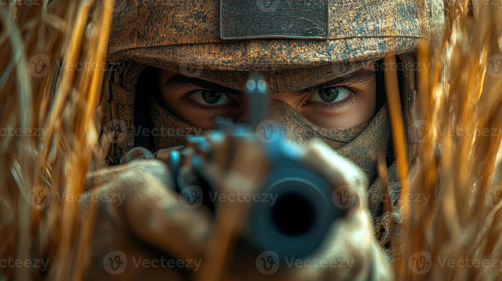 A soldier focuses intently with a rifle, hidden among tall grass at sunrise, ready for action photo