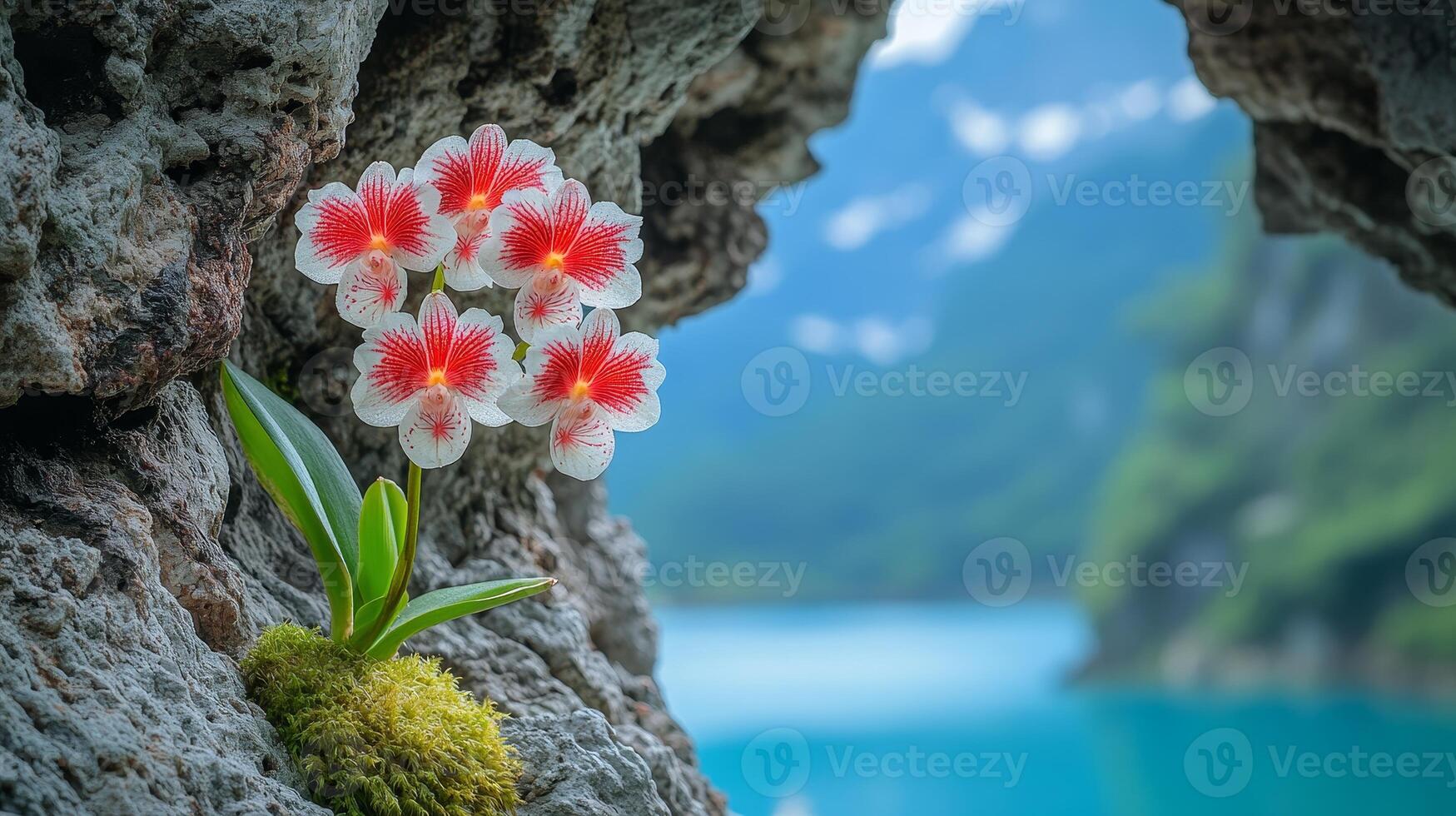 Orchids bloom beautifully amidst rugged rocks, creating a stunning contrast against tranquil waters photo