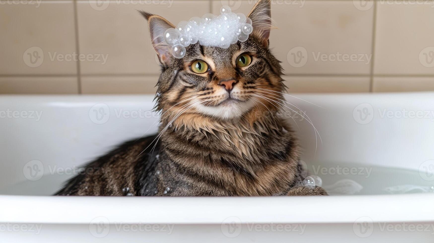 A fluffy cat sits in a bathtub surrounded by bubbles, looking content and playful photo