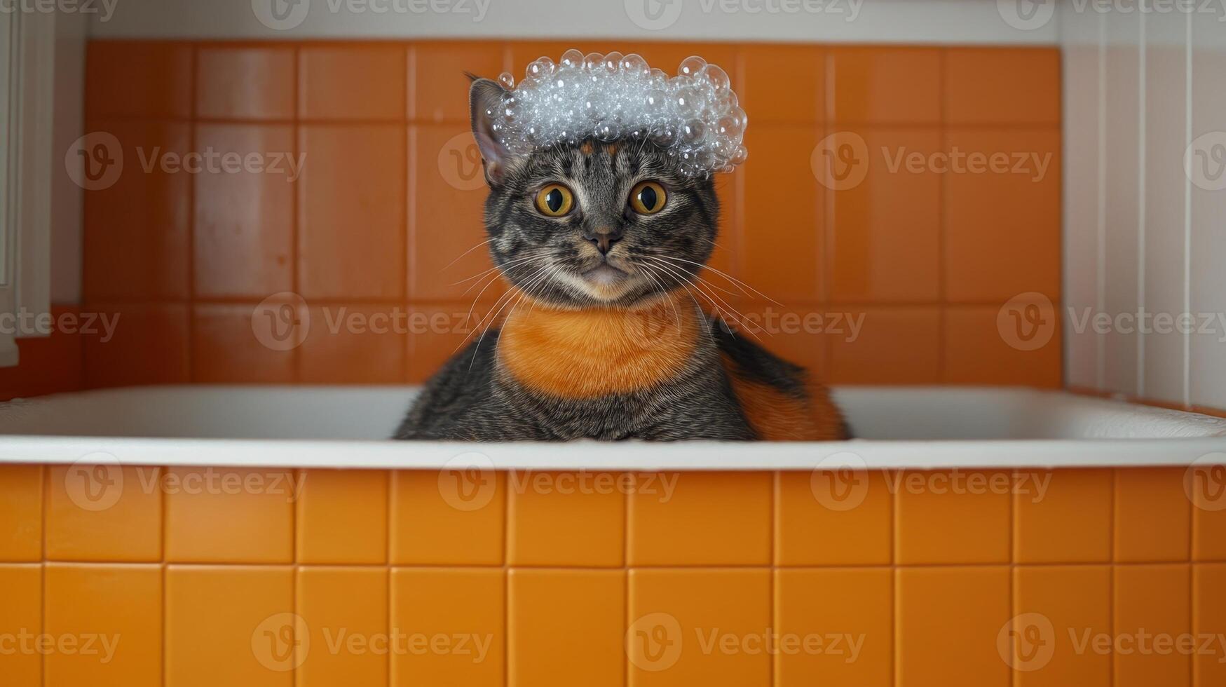 A cat enjoys its time in a bathtub, playfully adorned with bubble wrap on its head photo