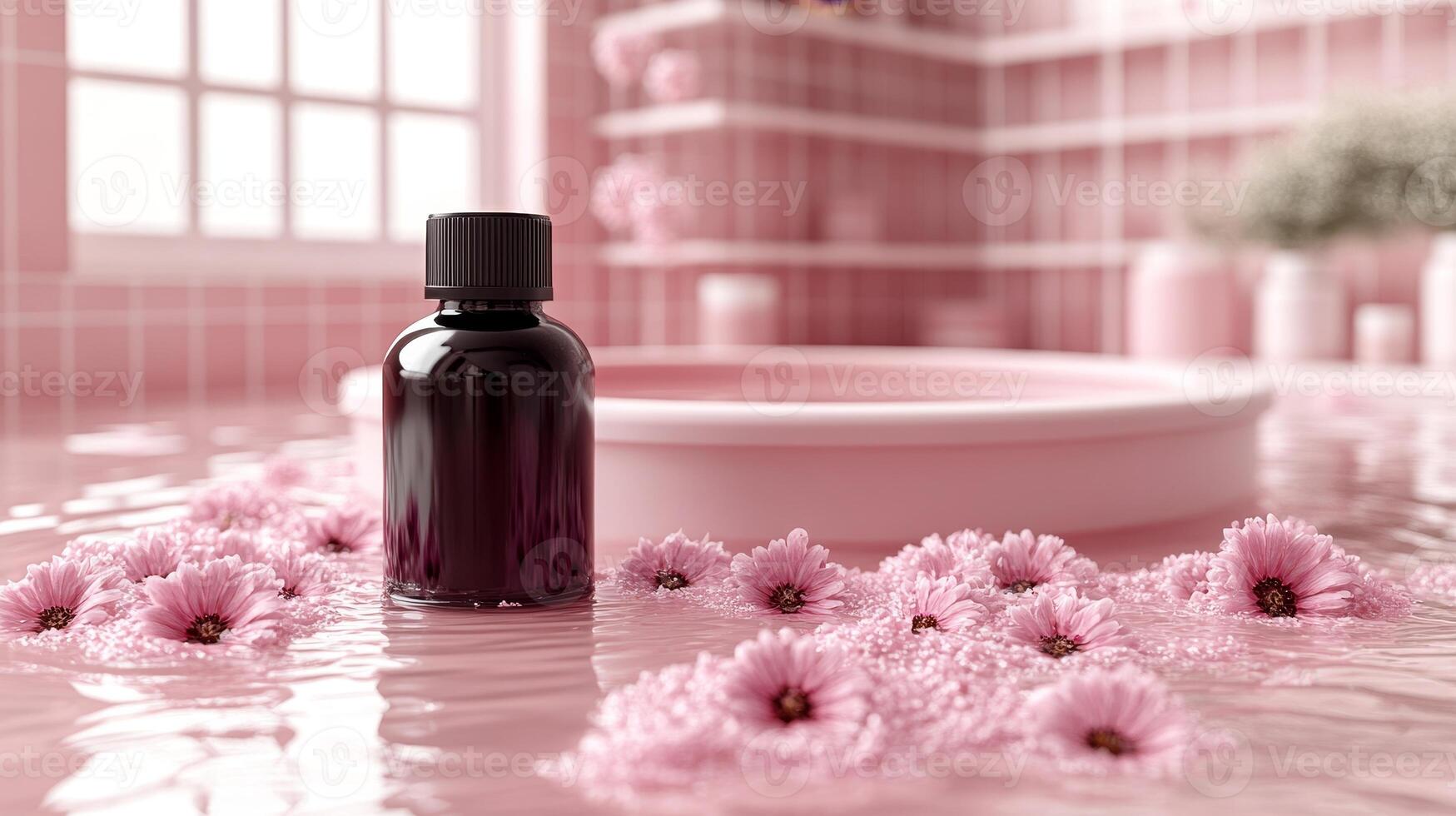 A calming bath arrangement showcases a bottle among floating pink flowers, evoking relaxation photo