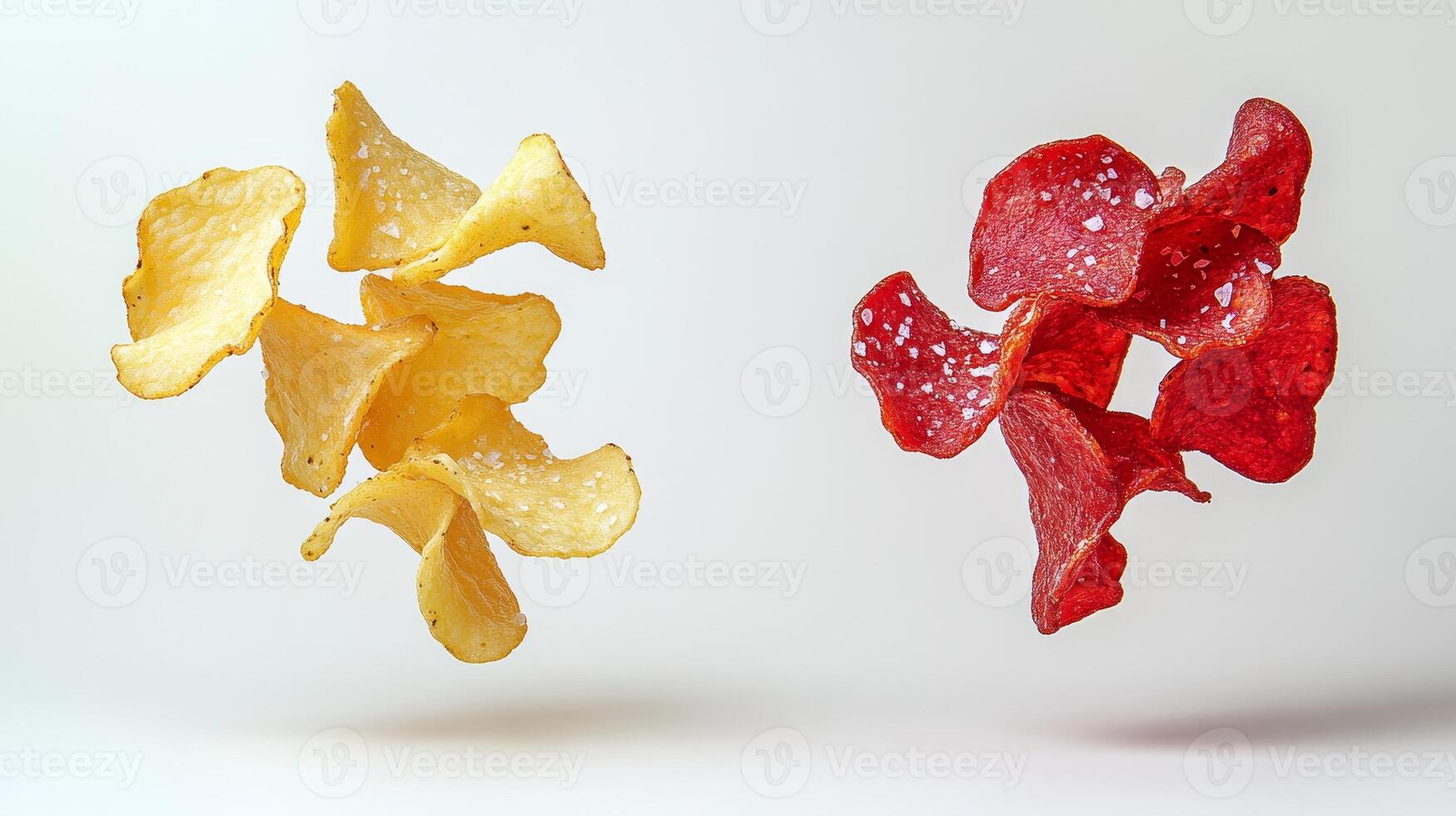 Crispy yellow and red chips float, tempting snack lovers with joy and hunger photo