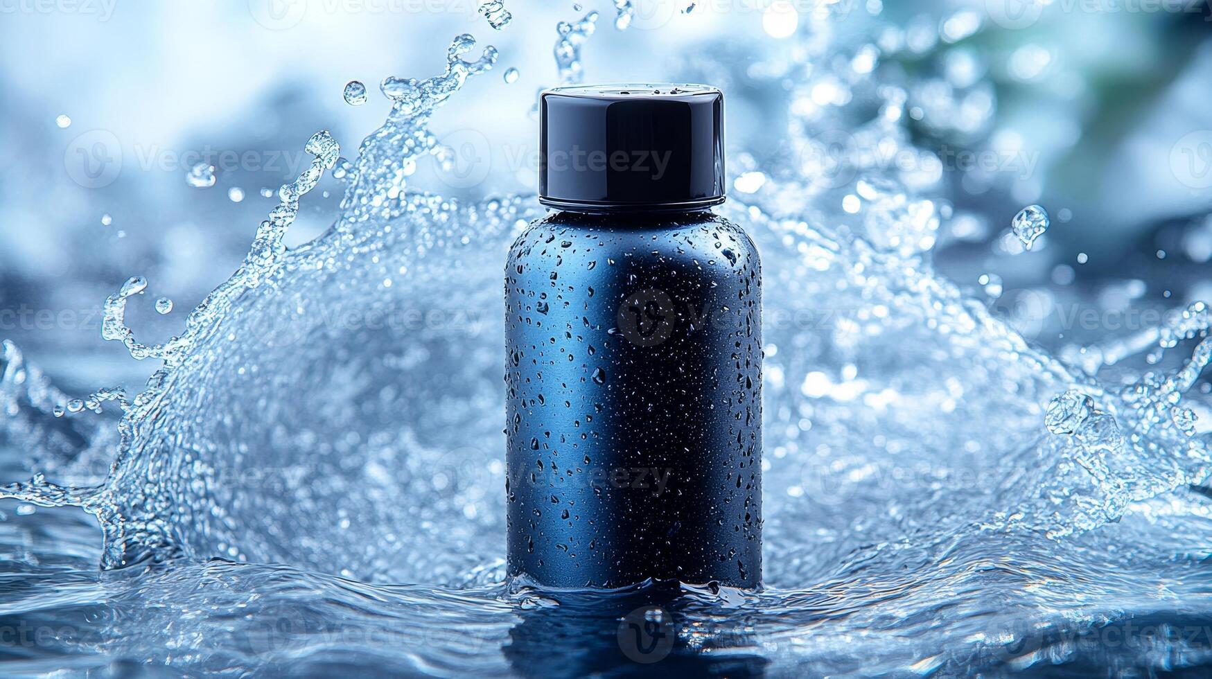 Water droplets cascade around a sleek black bottle, showcasing its elegant design and shine photo