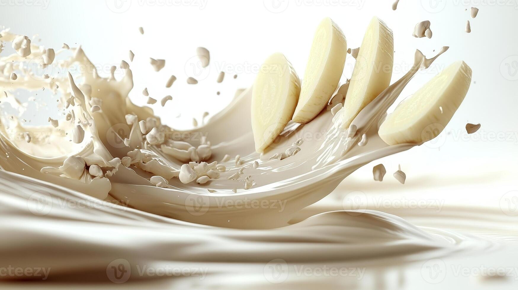 Slices of banana jump into creamy liquid, creating delightful splashes and vibrant textures photo