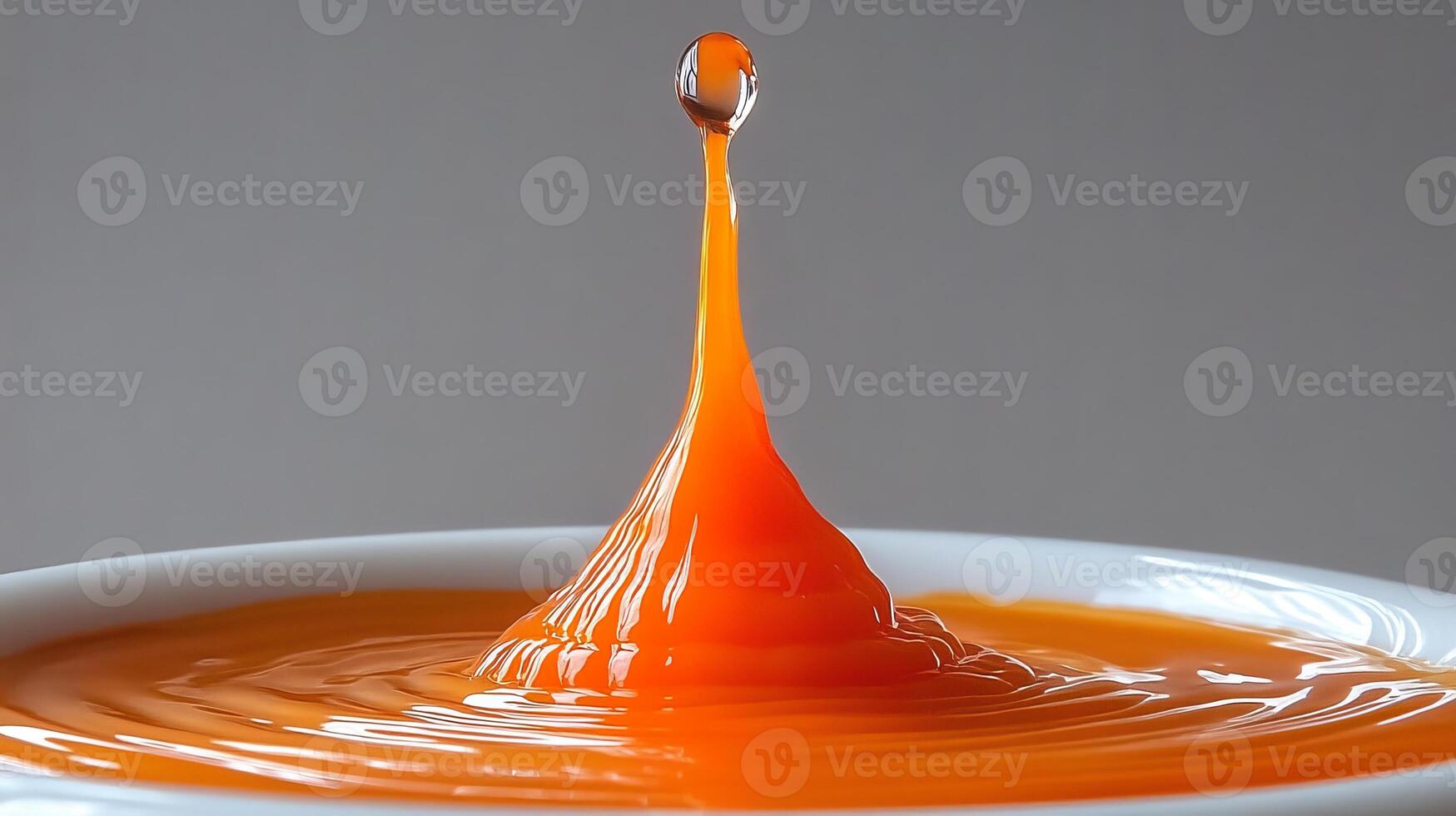 A vivid orange droplet gracefully rises from a creamy surface, creating a mesmerizing peak photo