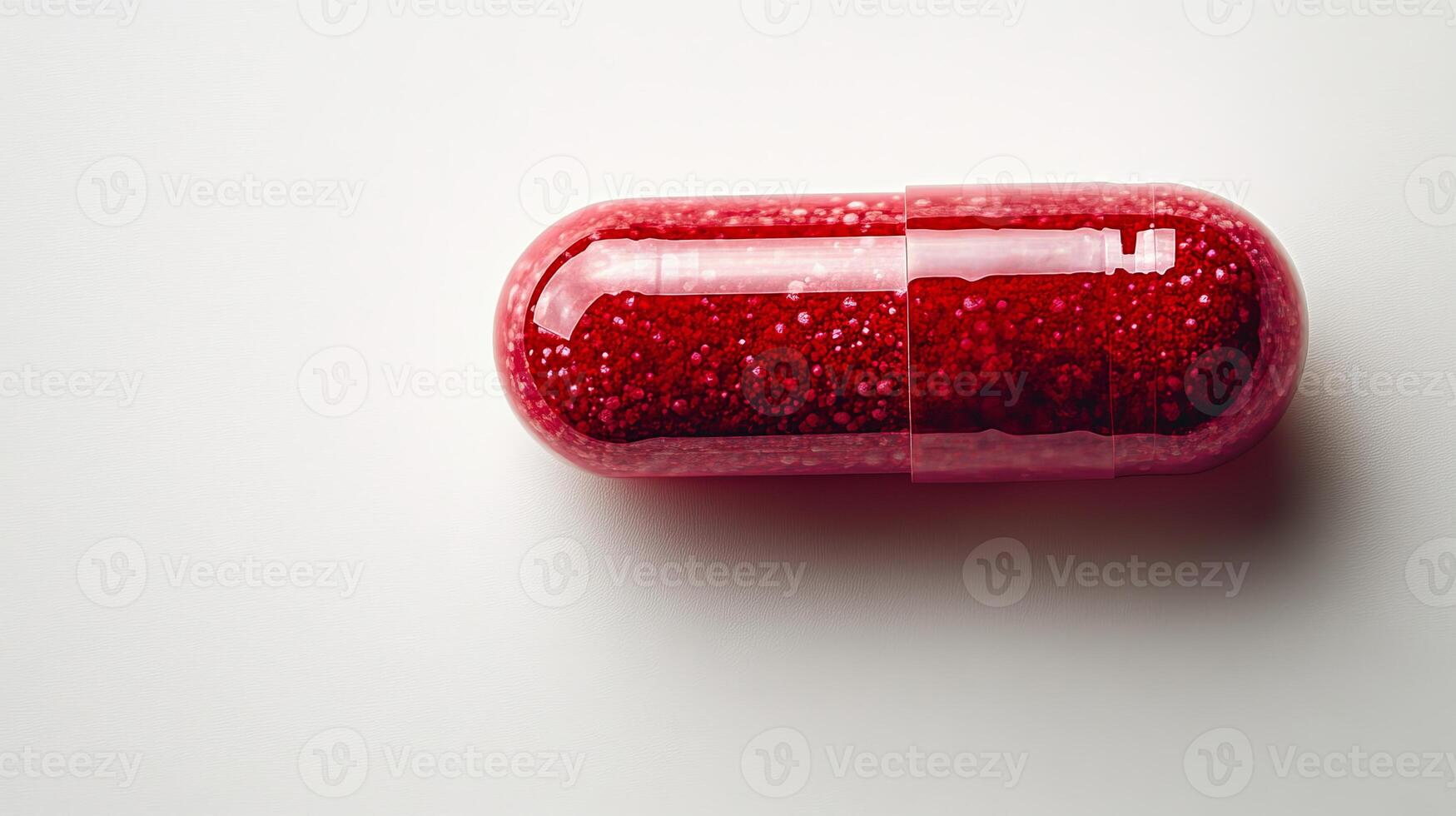 A close-up of a bright red capsule with a sparkling, textured exterior that glimmers photo