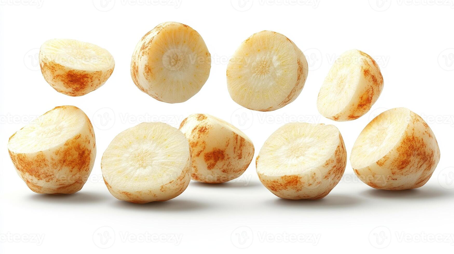 Creamy root vegetable slices scatter joyfully on the countertop, sparking culinary creativity photo
