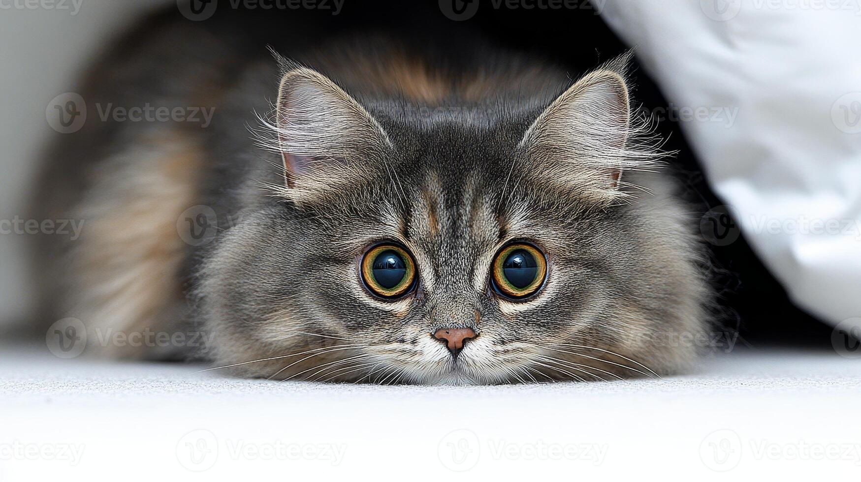 A fluffy cat with large eyes peeks out inquisitively, enjoying a moment of playful exploration photo