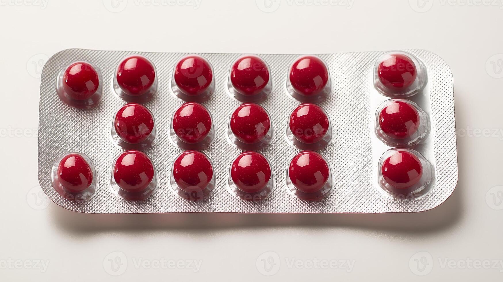 Red capsules are arranged neatly in a shiny silver pack on a clean white background photo