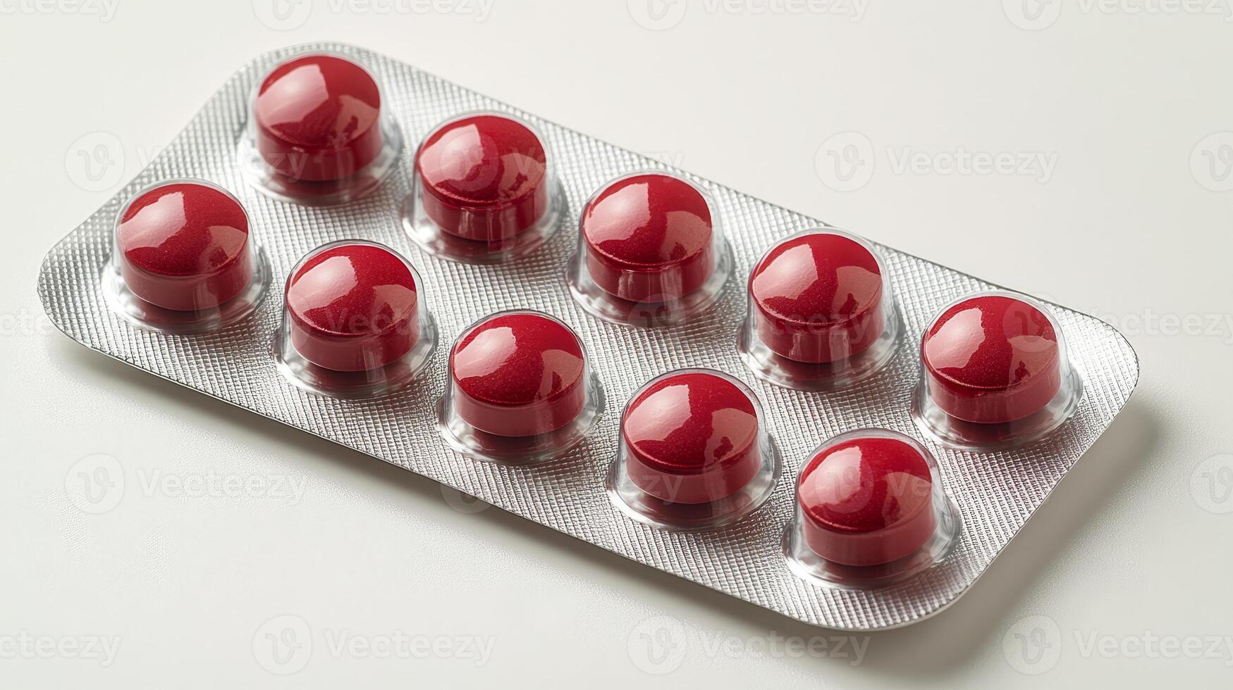 Shiny red capsules are organized in a silver blister pack, prepared for health needs photo
