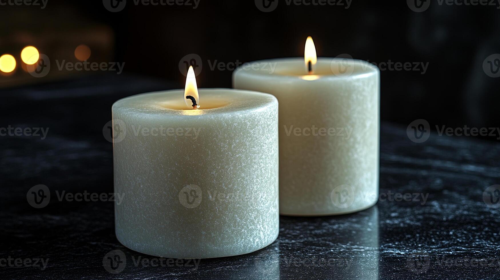 Two white candles flicker gently, illuminating a dark space with a serene ambiance photo