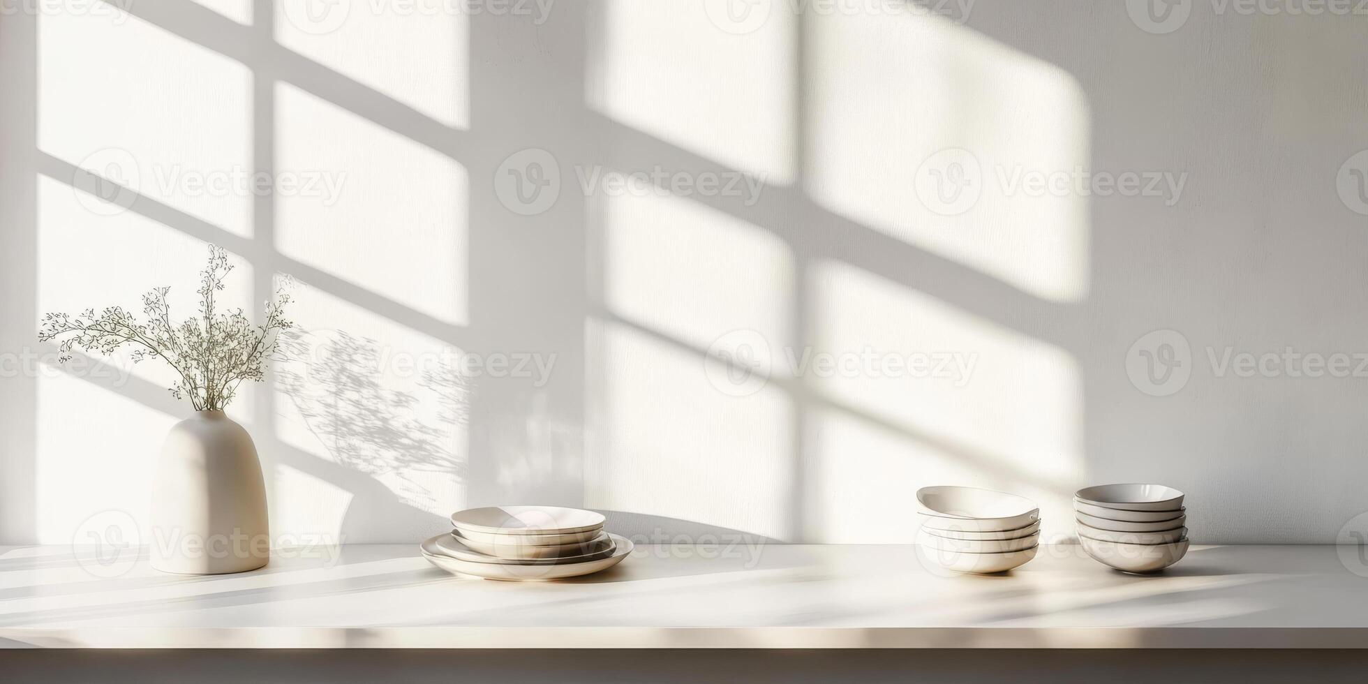 An Elegant and Modern Kitchen Table Bathed in Natural Light with Minimalist Decor Style photo