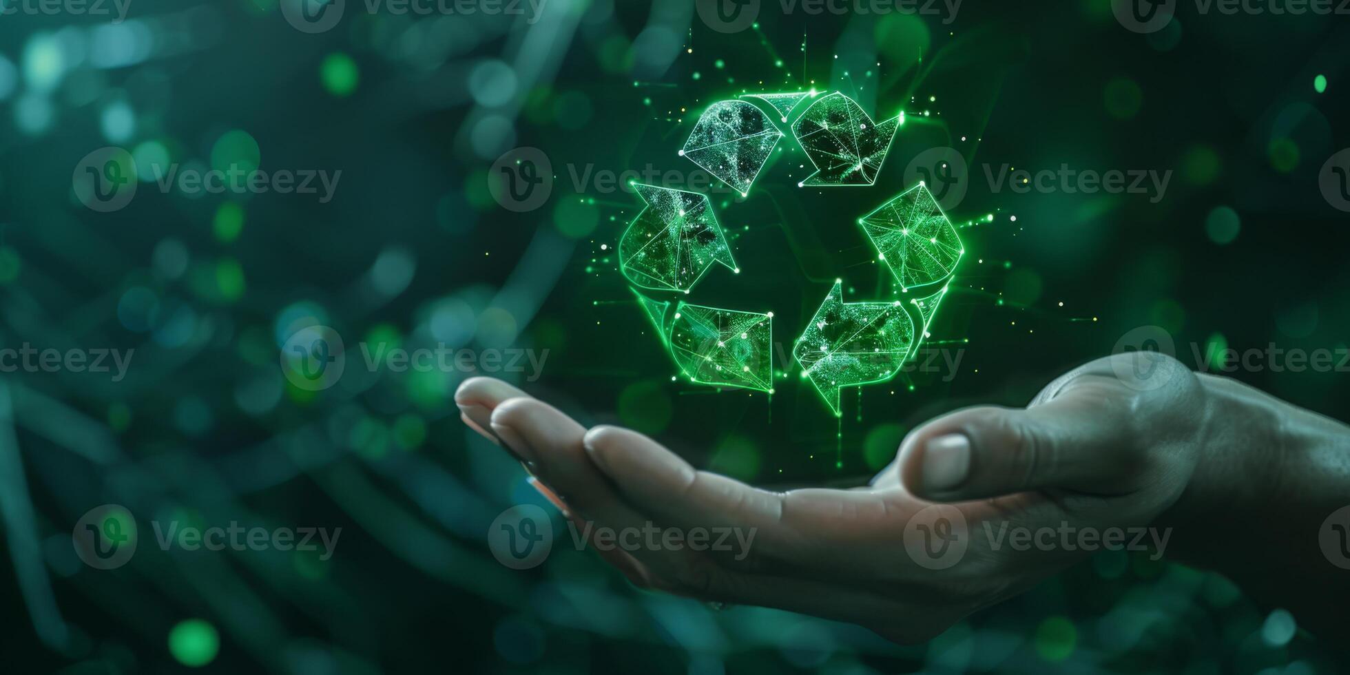 Hand with Green Recycle Symbol representing ecology, sustainability, and innovation photo