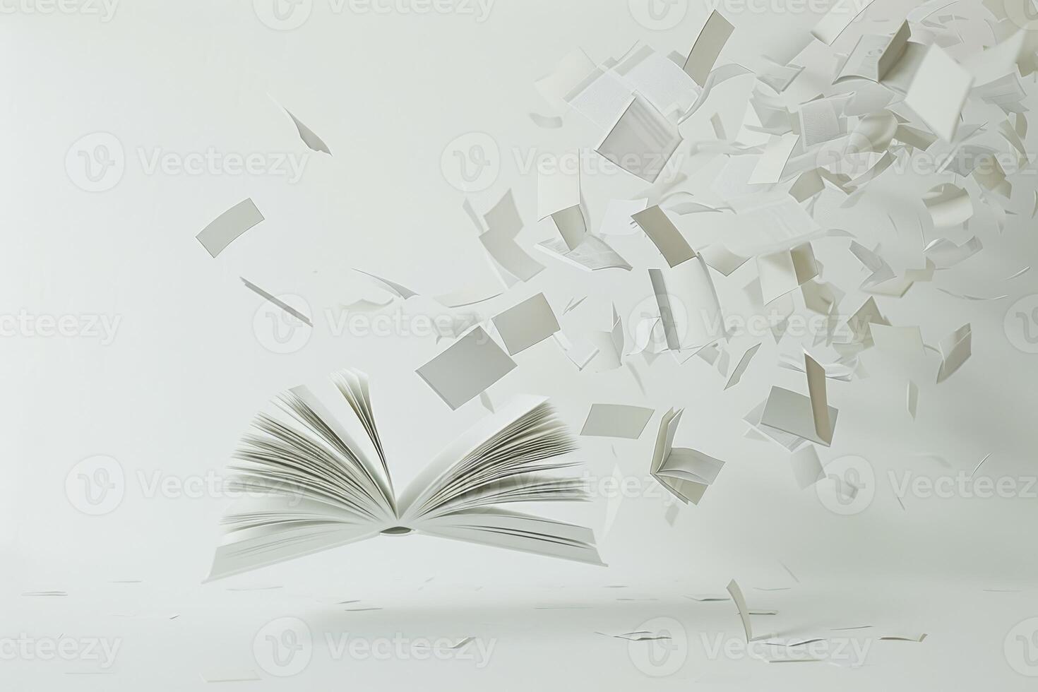 Modern and abstract artistic design featuring an open book with floating pages in a unique style photo