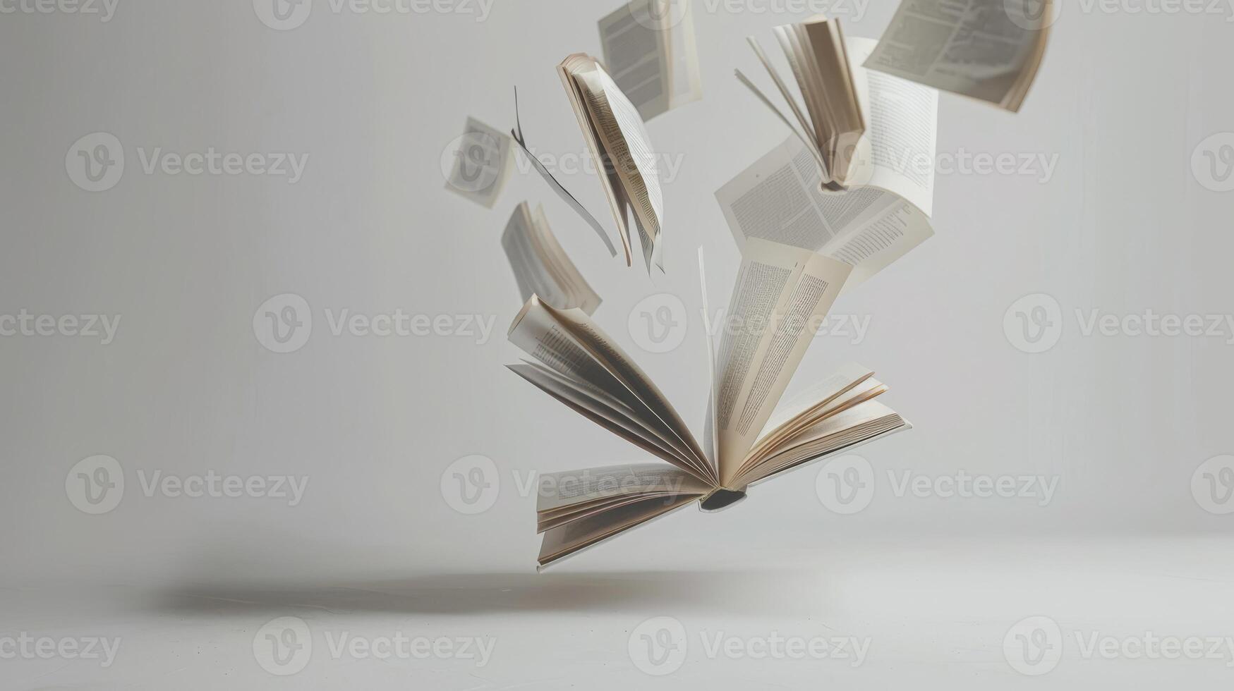 Flying books hover in midair, creating a surreal and ethereal scene of knowledge and magic photo