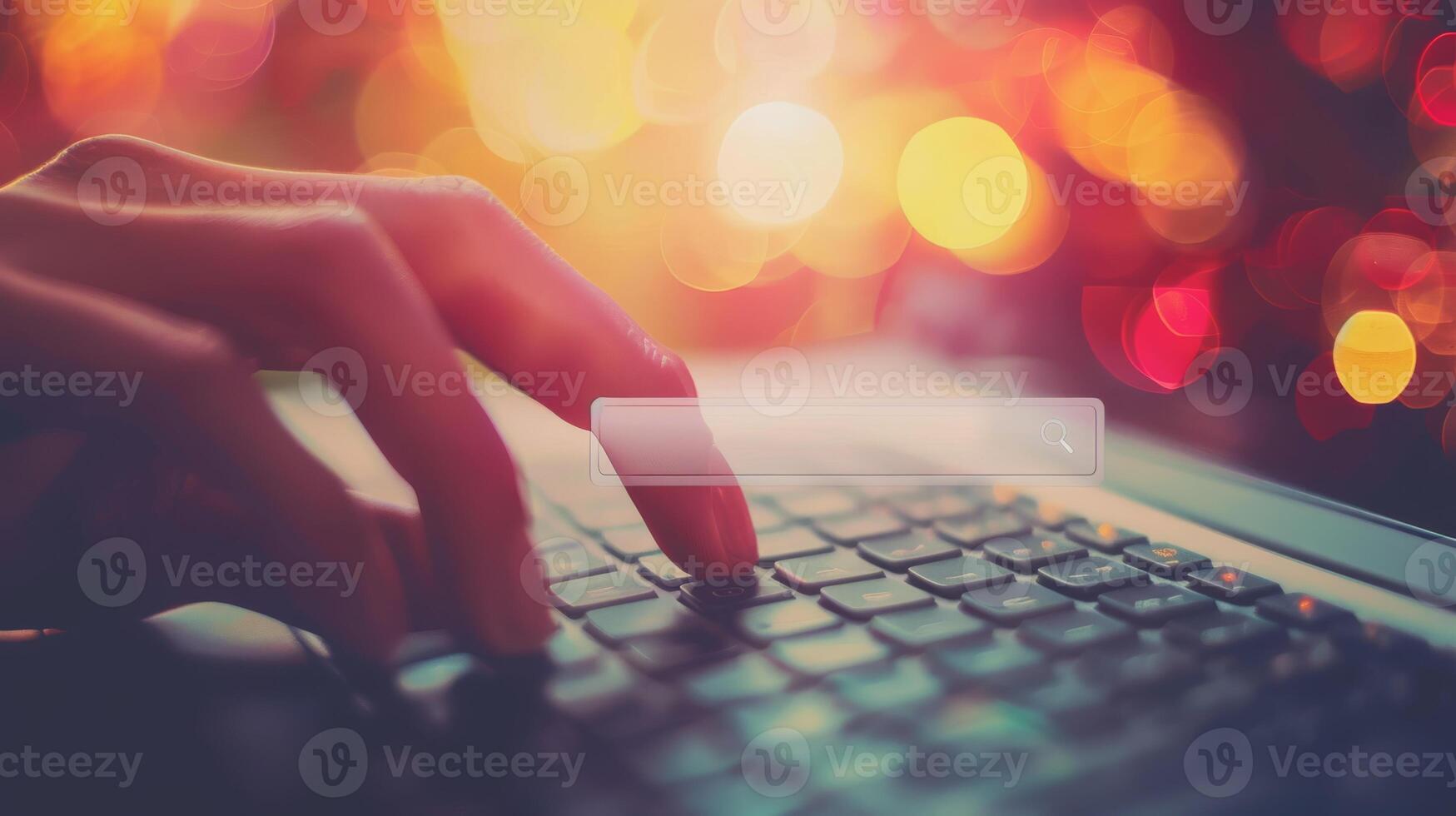Closeup photo of a hand typing on a keyboard with a background of bokeh lights