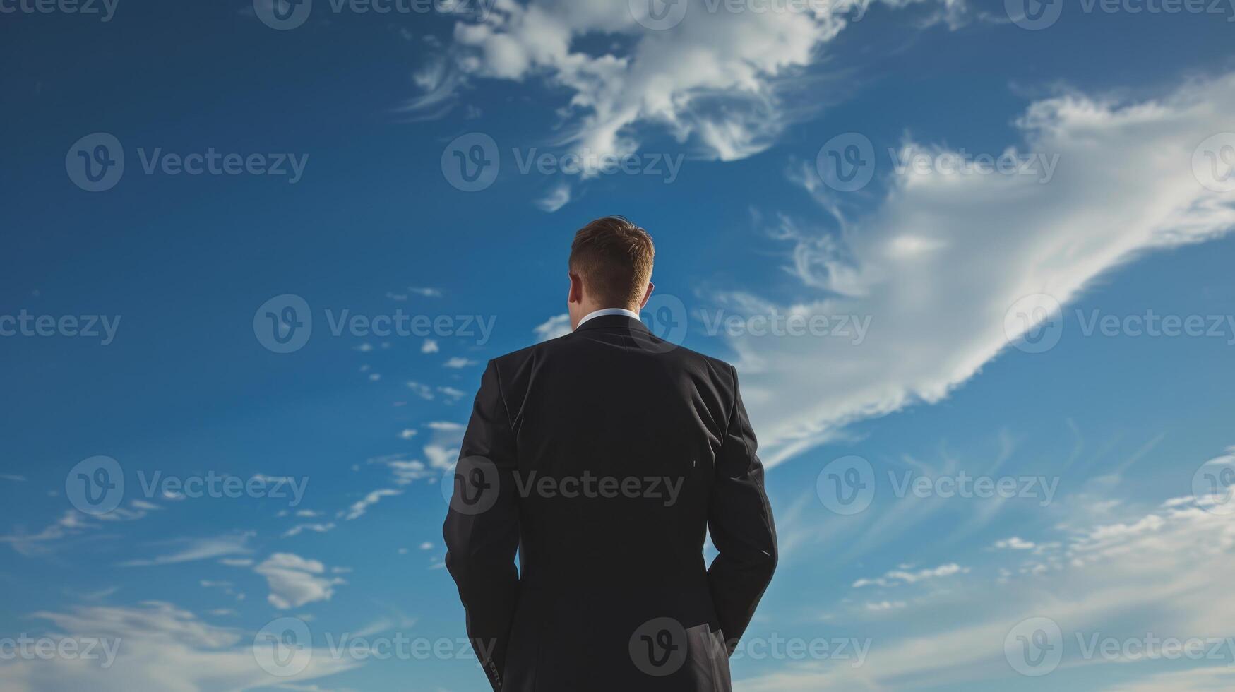 Ambitious businessman with determination and vision in the corporate world, looking at the sky photo