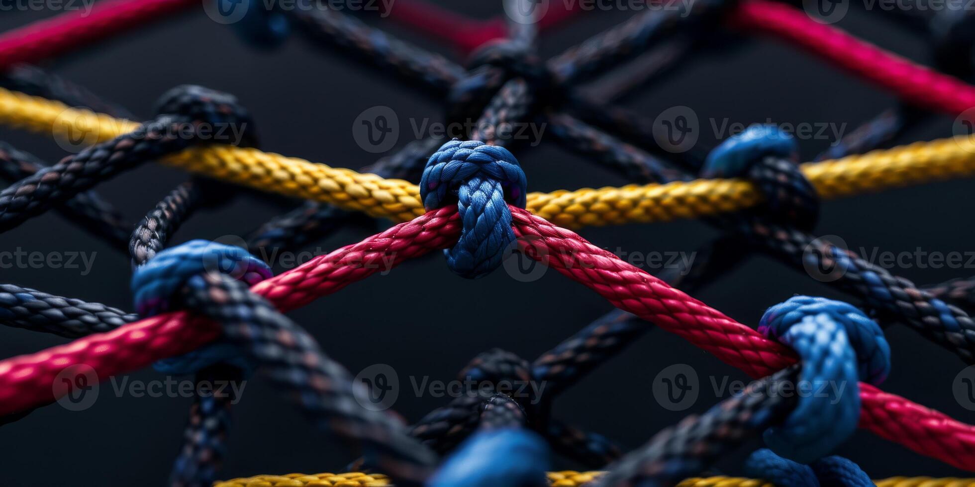 A closeup view showcasing vibrant, colorful ropes intricately woven into netting photo